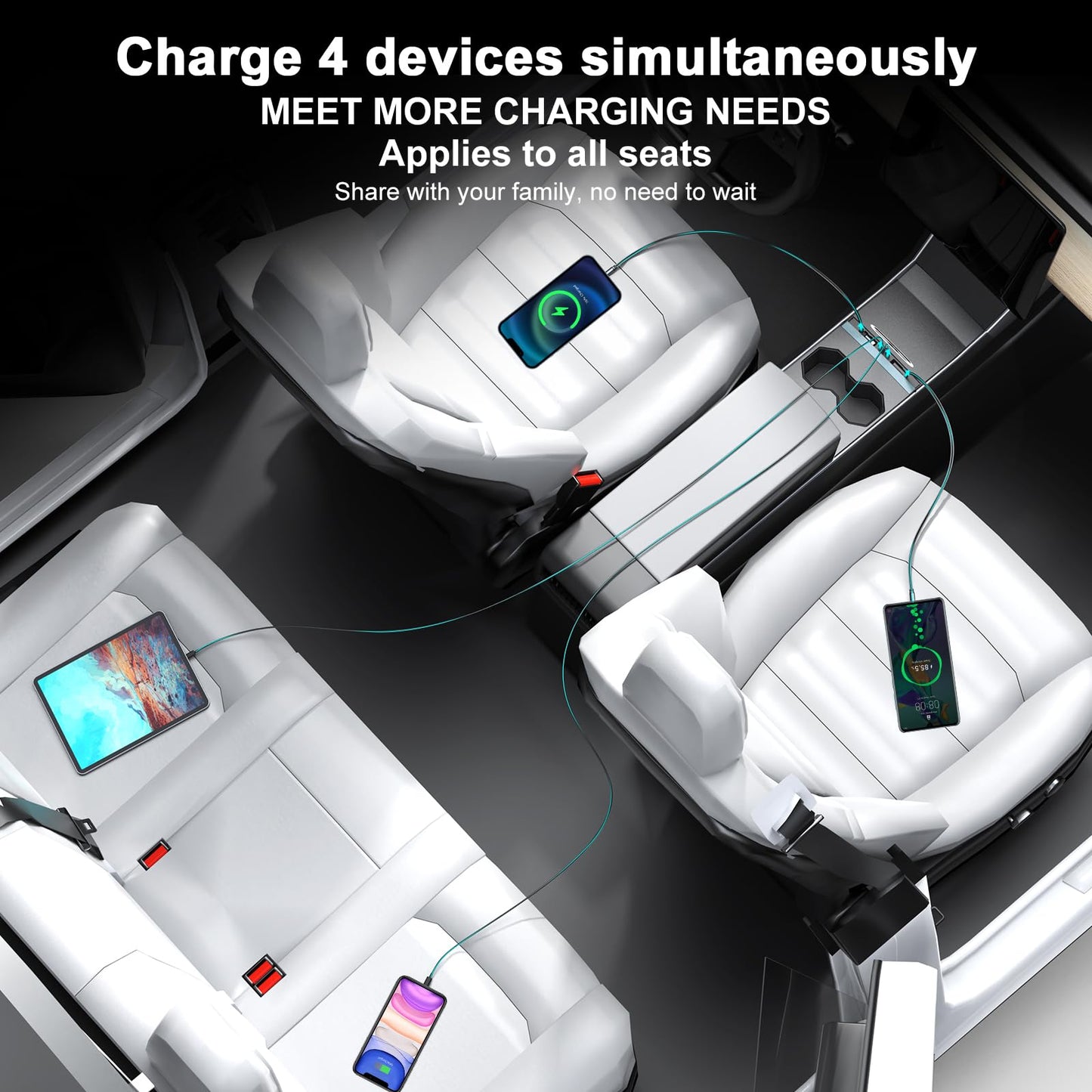 65W USB Hub for Tesla Model 3 (New Model Y Juniper 2024 2025 2026 -Fast Charger Tesla Accessories for Model 3 Highland(New Model Y Juniper) USB Charger Hub 4-Ports Retractable Phone Charger USB Hub
