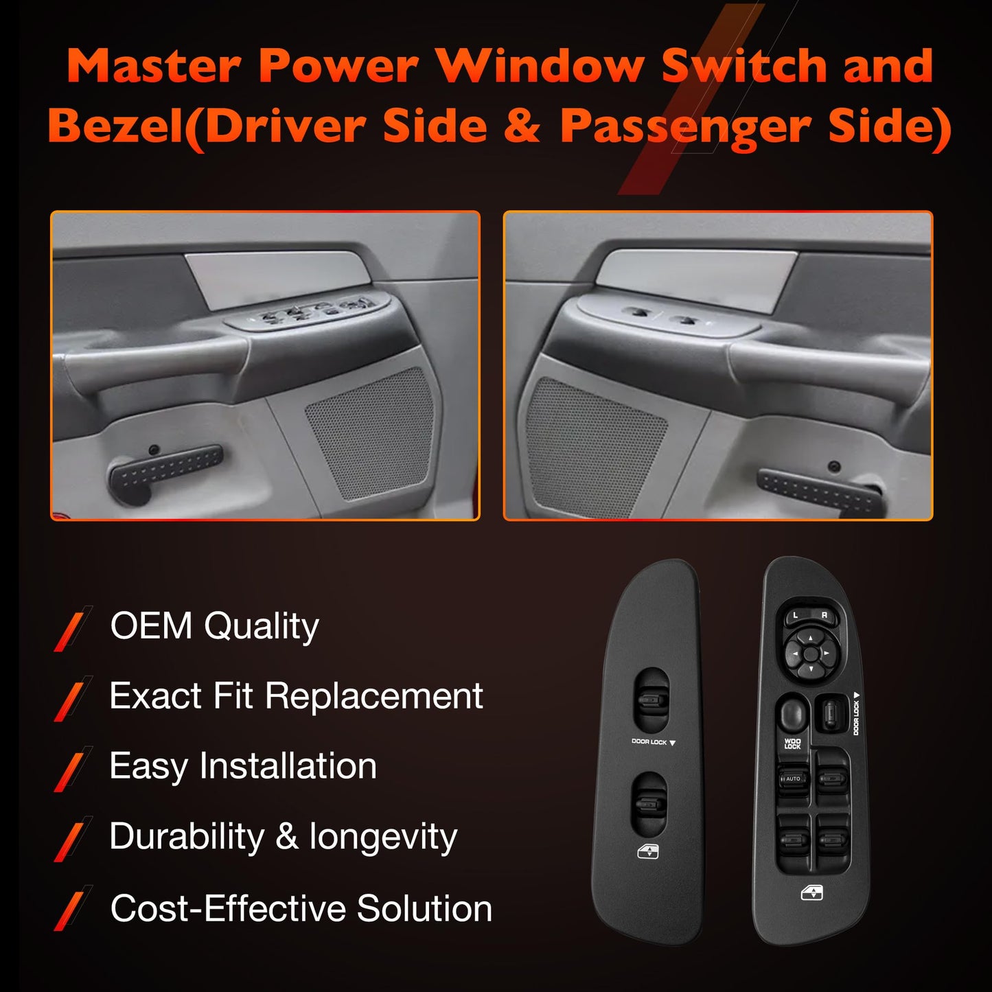 56049805AB Master Power Window Switch and Bezel(Driver & Passenger Side) Compatible with 2002-2009 Dodge Ram1500 2500 3500,2001-2004 Dodge Dakota,2001-2003 DodgeDurango,2005-2009 Sprinter 2500(Black)