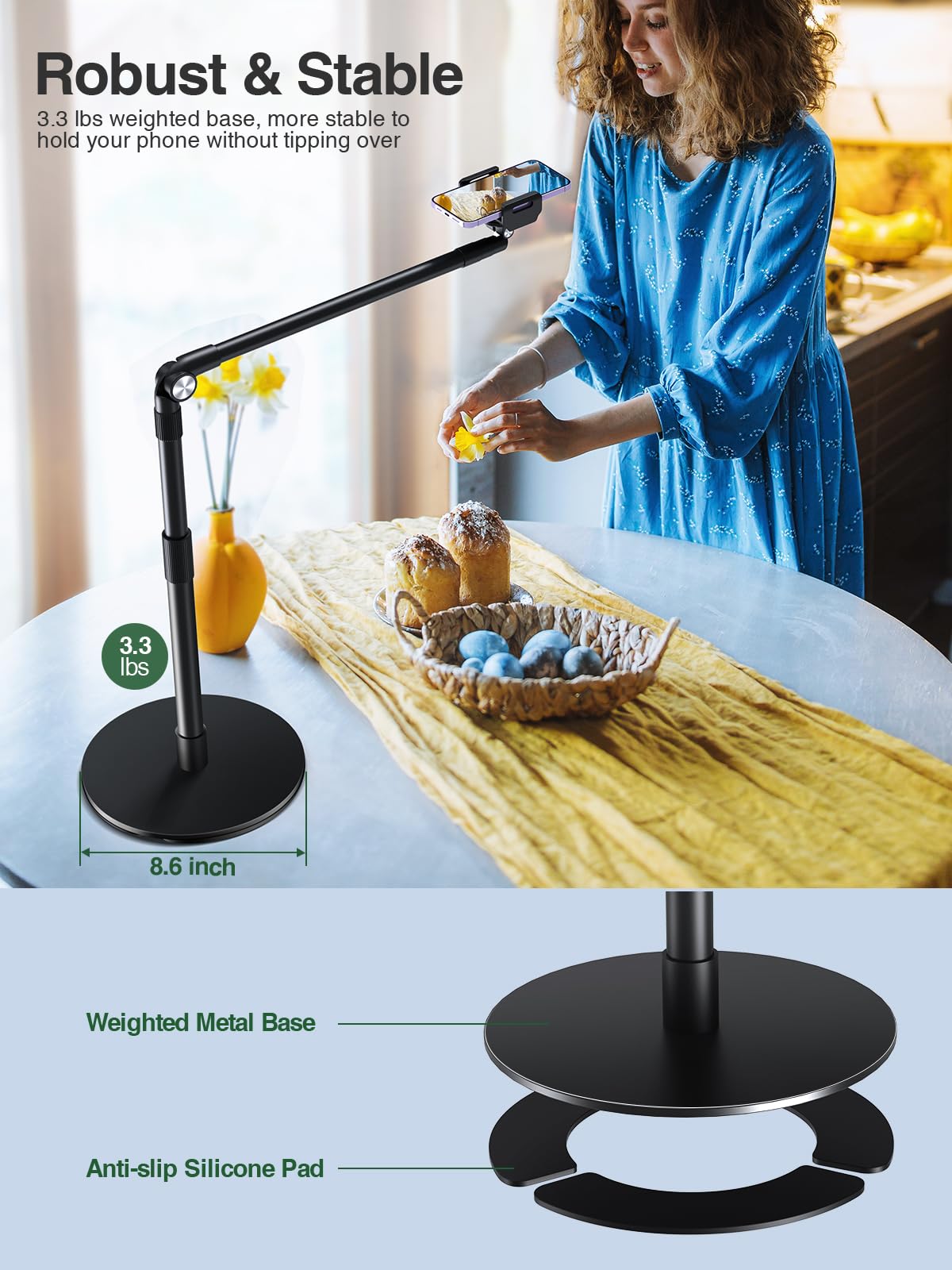 elitehood Heavy Duty Aluminum Overhead Phone Stand, 15 in Long Arm iPhone Holder for Video Recording, 360 Degrees Swivel Tilt Overhead Phone Mount for Filming, Meeting, Cooking, Painting and Crafting