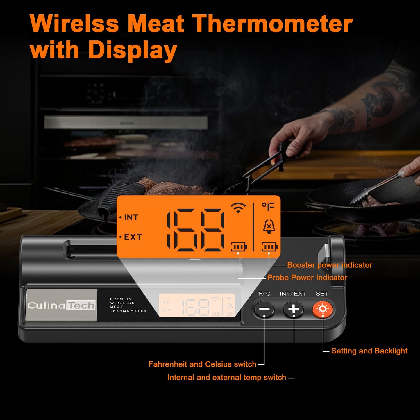 700FT Wireless Meat Thermometer with LCD Screen, Digital Cooking Food Thermometer for Beef Lamb Turkey, Dual Sensor Measures Internal & Ambient Temp
