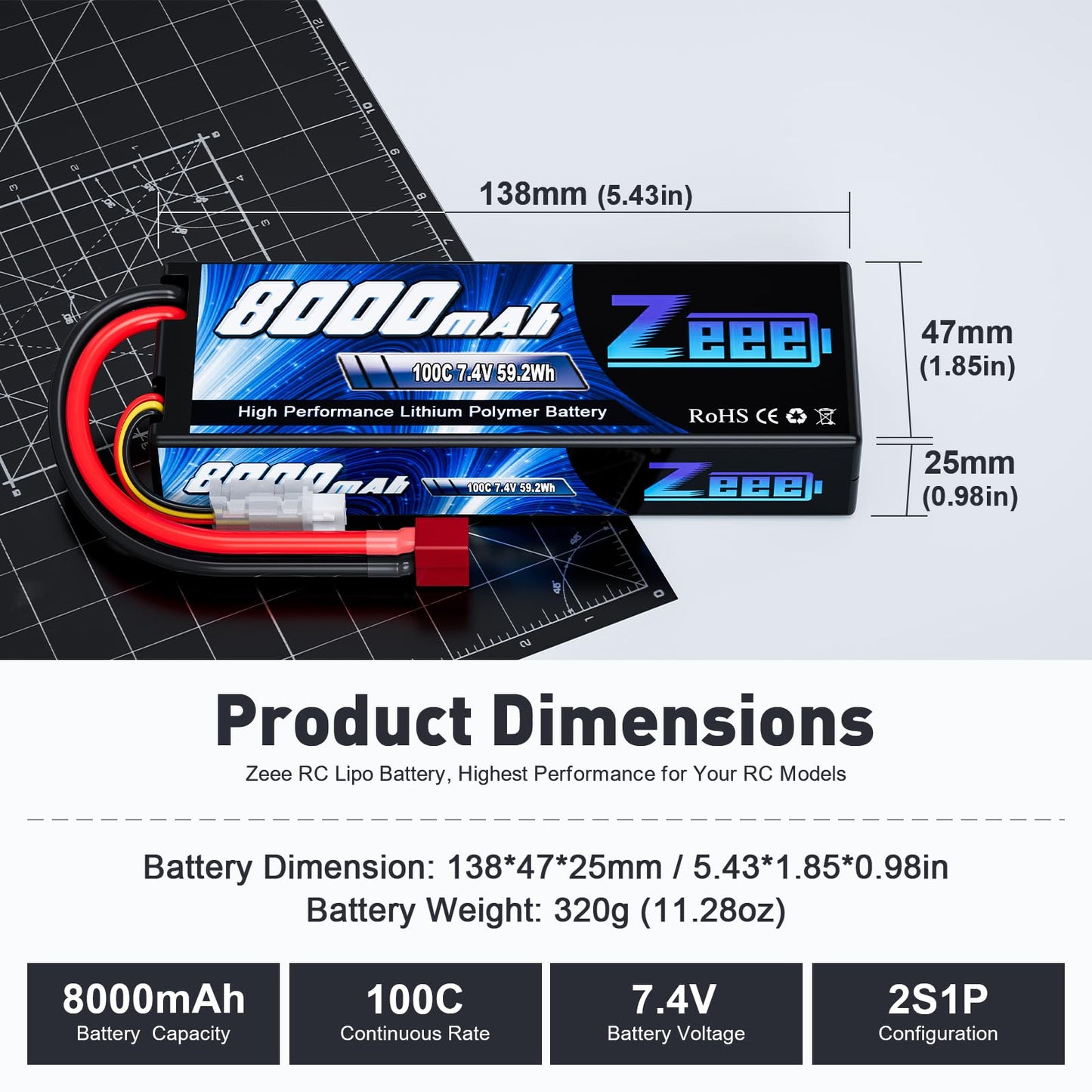 Zeee 2S Lipo Battery 8000mAh 7.4V 100C Hard Case with T Plug for RC Car Truck Truggy Boat Helicopter(2 Pack)