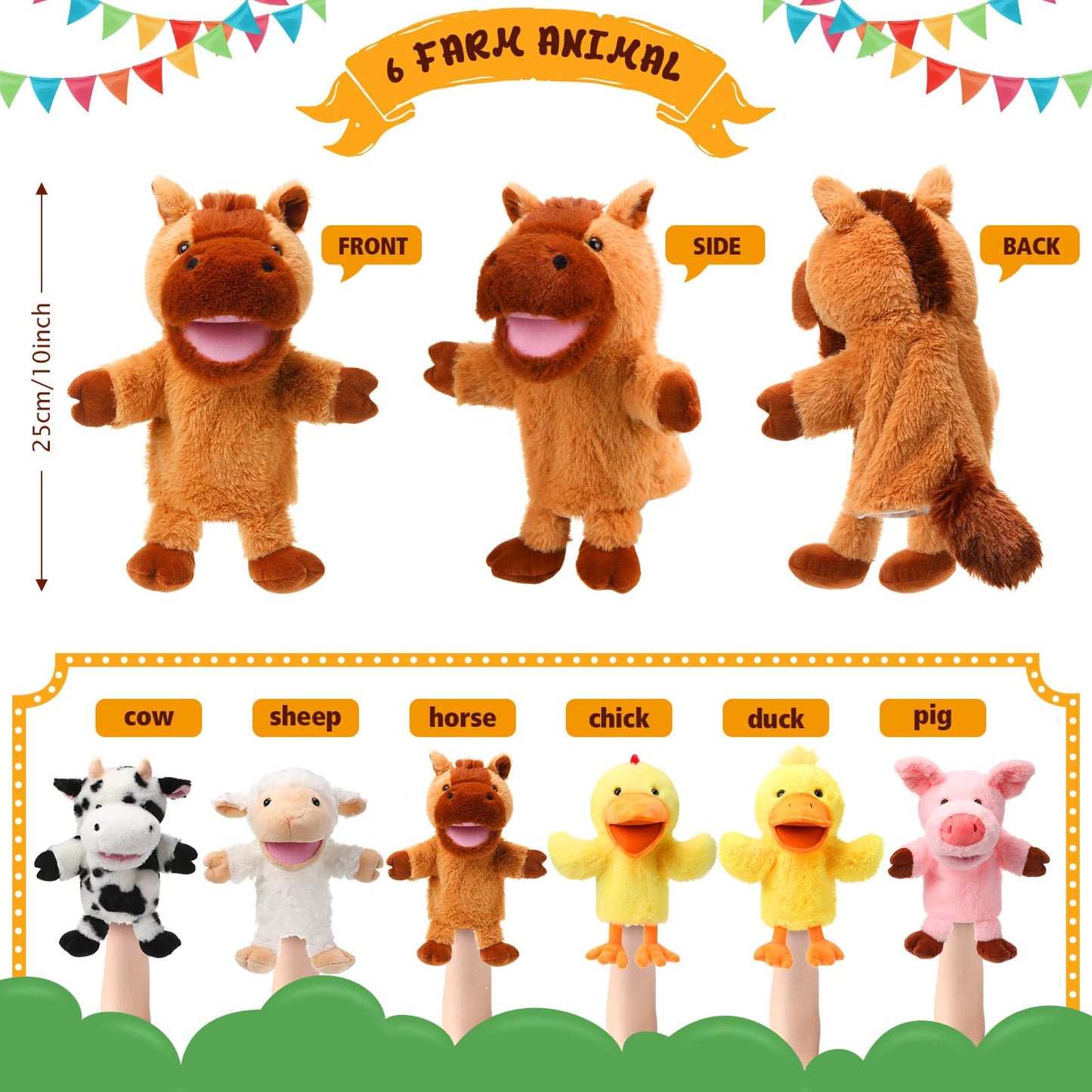 Lenwen 6 Pcs Operation Christmas Items Bulk Animal Hand Puppets with Working Mouth 10 Inches Plush Puppets for Toddler Kid Storytelling Imaginative Role Play Show Party Gifts(Farm Animal)