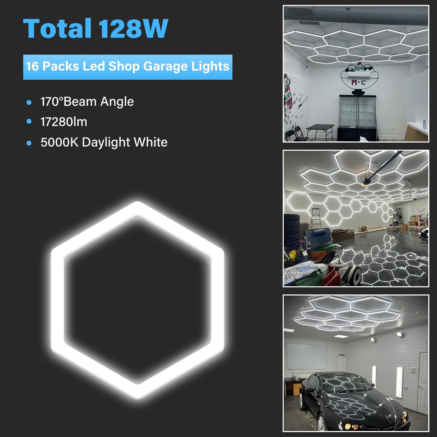 ALLYES KX Hexagon LED Garage Light, Dimmable Hex Shop Lights 6500K 17280LM 128W, Brightness Adjustable Led Ceiling Lights for Shop Garage Gym Workshop Basement