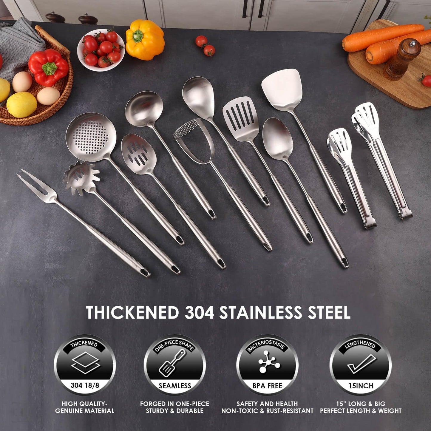 304 Stainless Steel Kitchen Utensils Set - 12 PCS Long All Metal Cooking Utensils & Large Serving Utensils - Potato Masher, Fork, Tongs, Tunner, Pasta, Serving Spoon, Skimmer, Ladle, Spatula Spoon Set