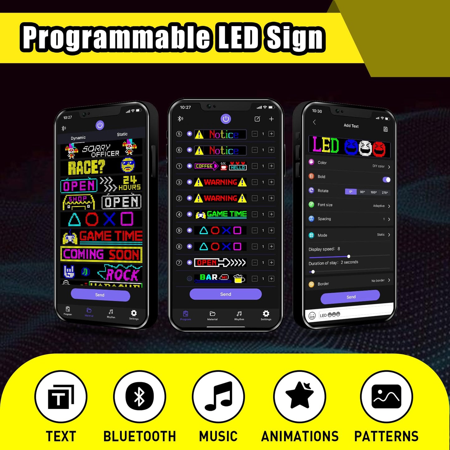 sasecgo Programmable LED Signs | Message Scrolling LED Display for Indoor | Flexible LED Advertising Sign | Bluetooth APP | Custom Editor Animations/Text/Graffiti (36""x 8""), black