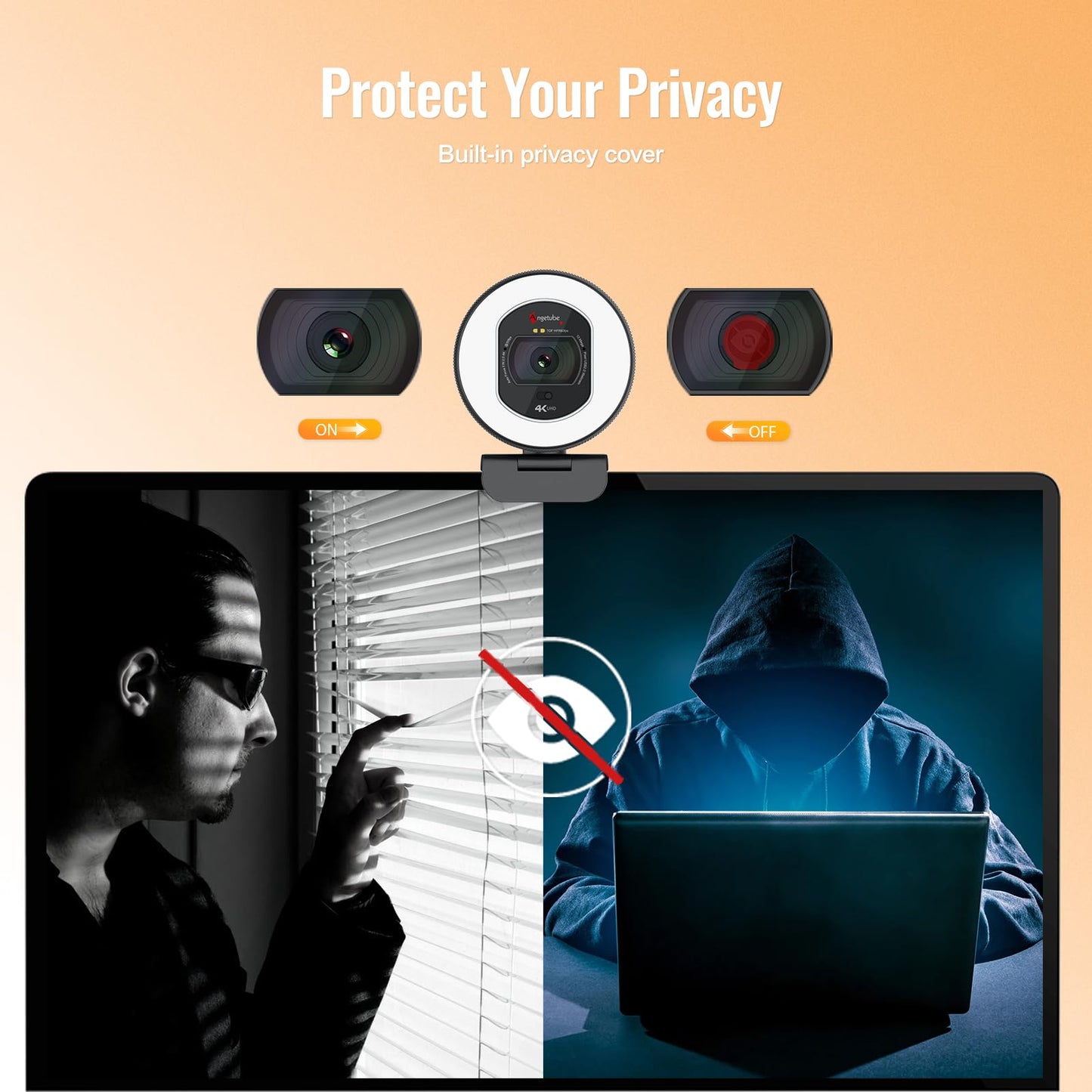 Angetube 4K Webcam with Light for PC: UHD 4K, TOF Auto Focus, Dual AI Noise-Cancelling Mics, 1080p@60FPS, USB Streaming Webcam w/Privacy Cover for Laptop/Mac/Desktop/PC Work w/Zoom/Teams/Google Meet