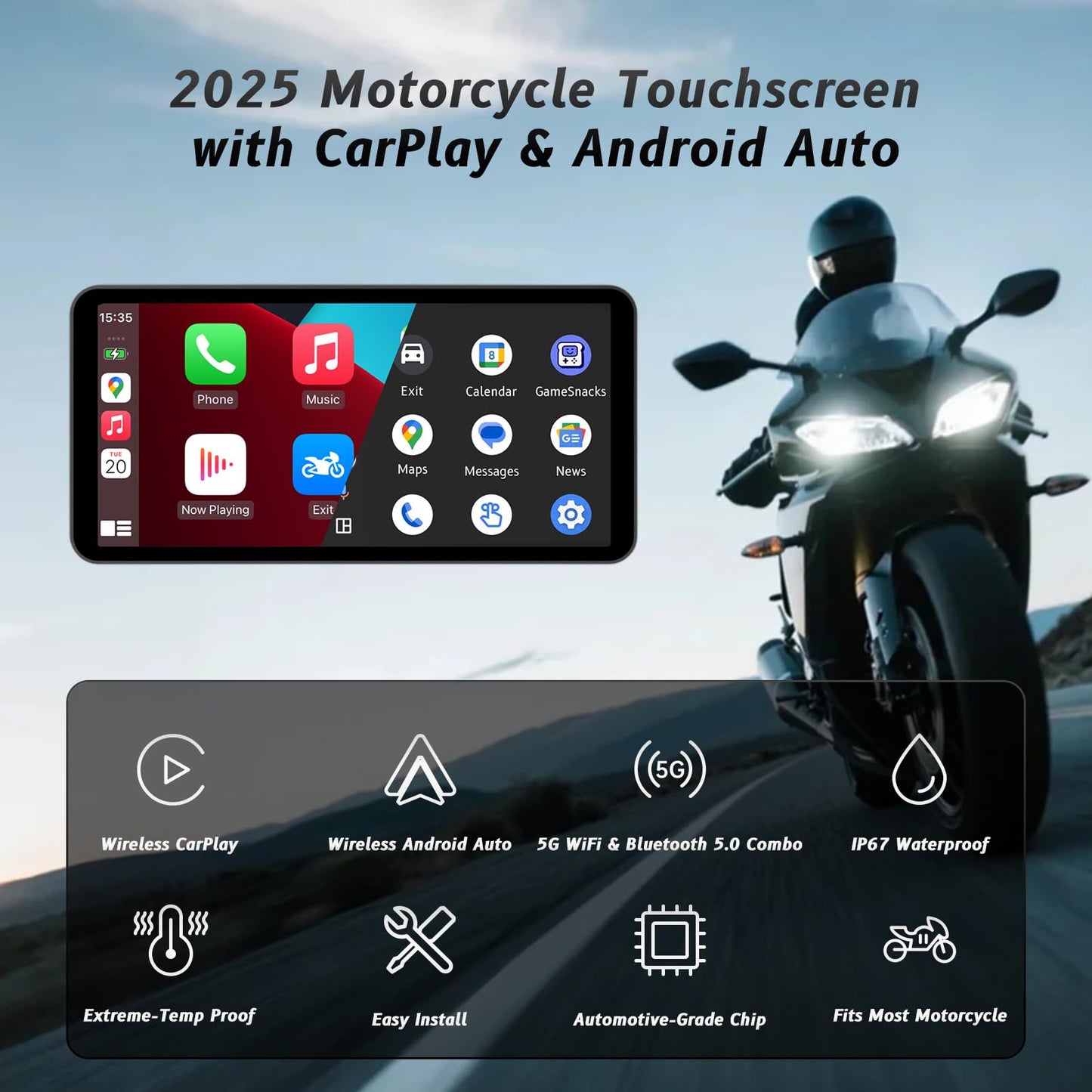 6-Inch Motorcycle Smart Display – Wireless CarPlay & Android Auto | Bluetooth Voice Control | IP67 Waterproof | HD Touchscreen | Easy Install | Fits Most Bikes | OTA Updates