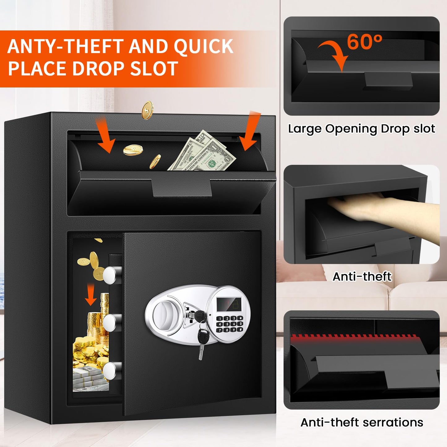 2.2 Cuft Depository Safe for Business with Quick Place Drop Slot, Cash Drop Safes with Digital Combination LCD Display and Anti-Fishing, Security Drop Safe for Cash, Mail, Checks, Document