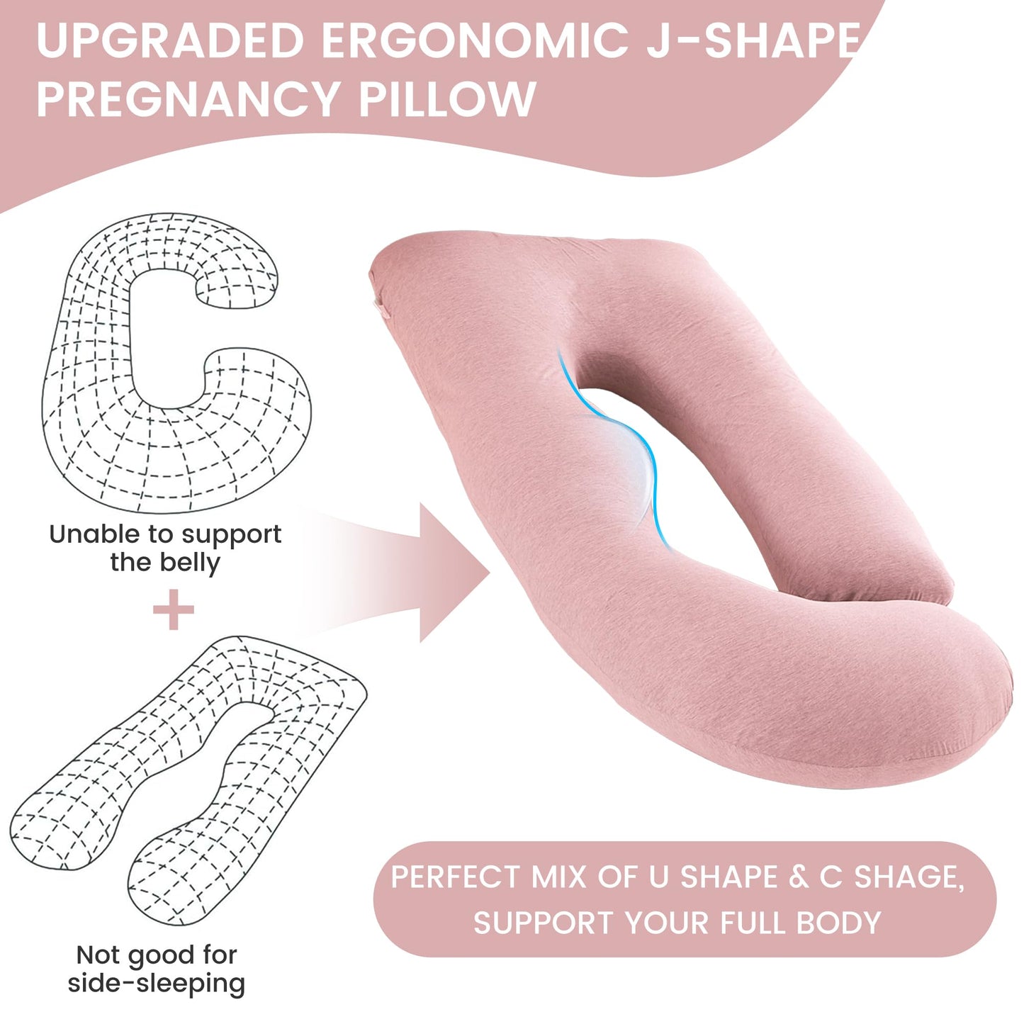 Jcickt Pregnancy Pillow for Sleeping,59 inch Maternity Pillow with Removable Washable Cover,J-Shaped Cooling Full Body Pregnant Pillow -Support for Backs,Legs, Belly, HIPS, Improve Sleep-Pink
