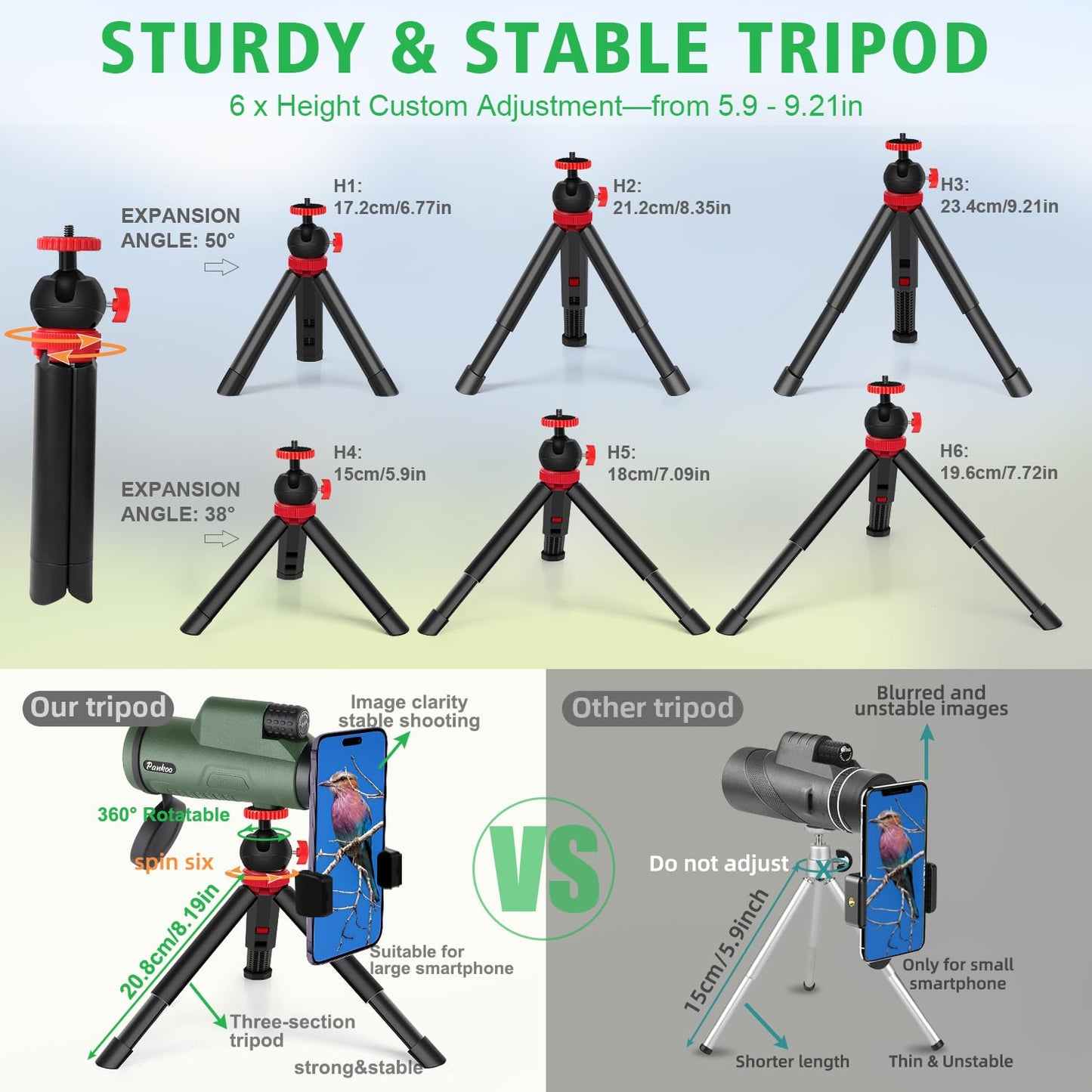 12x50 HD Monocular Telescope for Adults with Smartphone Adapter Tripod Hand Strap - High Power Monoculars Equipped with Large BAK4 Prism & FMC Lens - Suitable for Bird Watching Sports Hiking Traveling