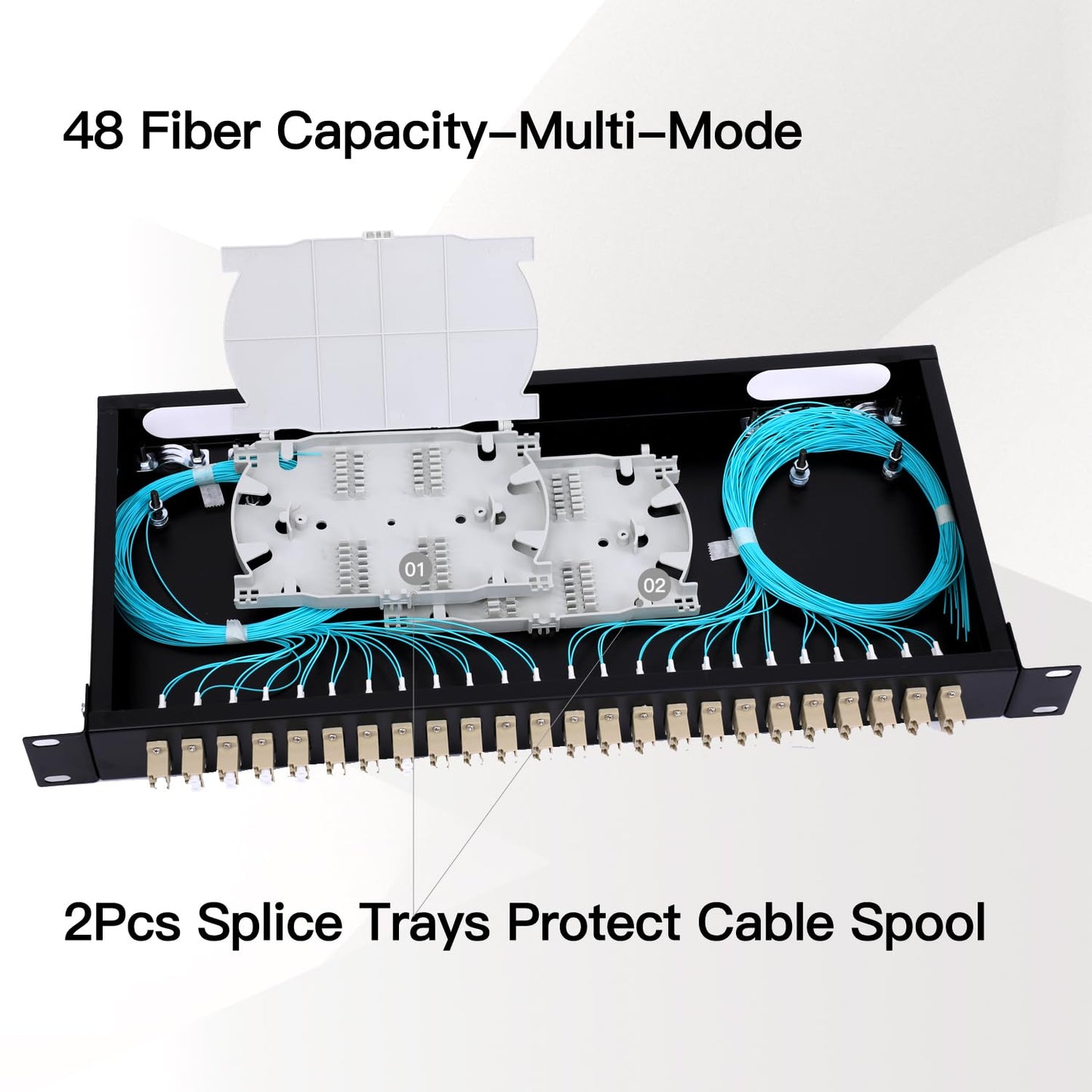 LC-OM3 Multimode Fiber Enclosure - 24 Duplex, 48 Port Rack Mount Box for 19" Racks - 1 RU with LC-UPC Kit, 2 Splice Trays, 48 Strand Pigtail Cables, and LGX Patch Panel