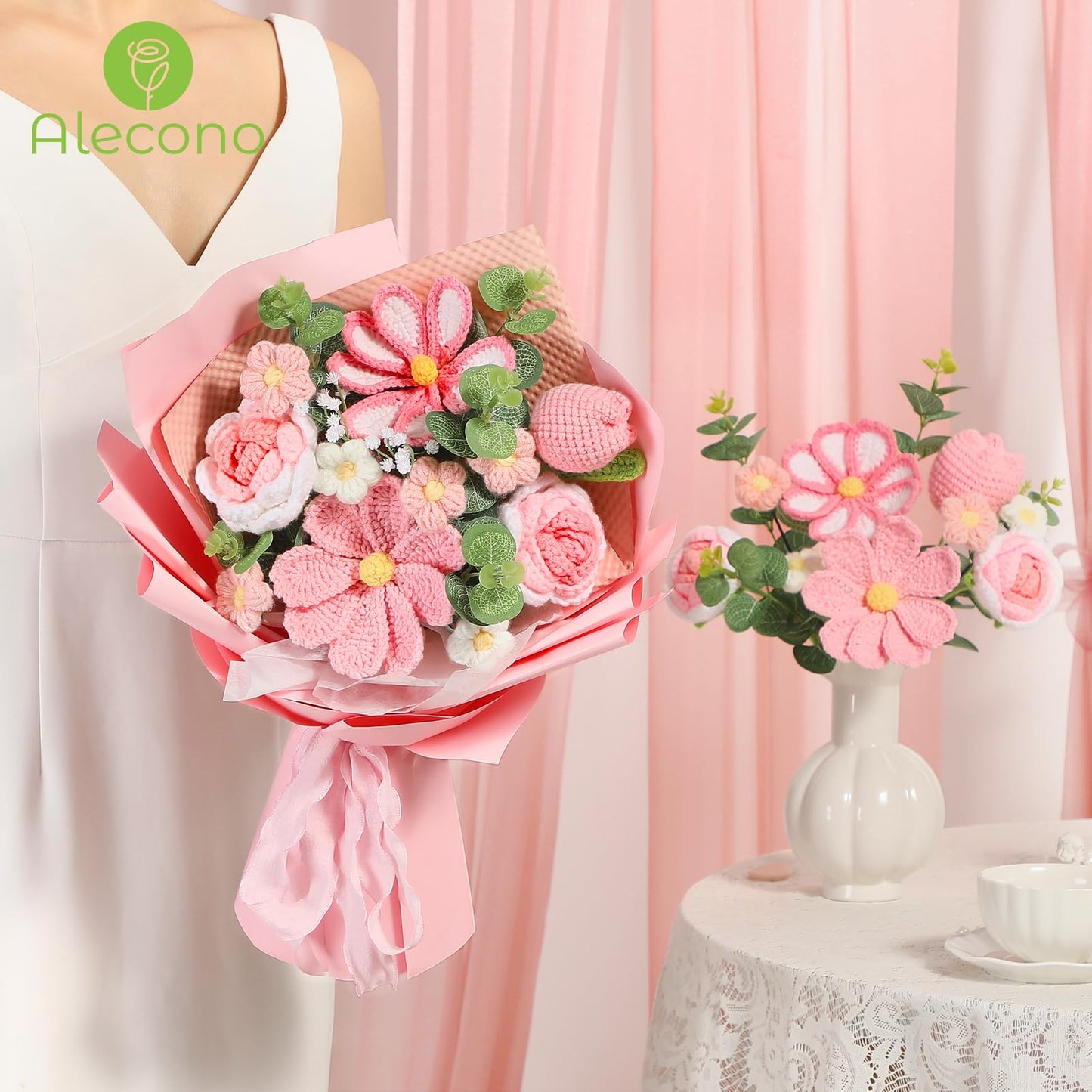 Alecono Crochet Flower Bouquet, Pink Knitted Flowers, Crochet Tulip Galsang Flower for Lover Anniversary Birthday Party Mother's Day Graduation Gifts (Include Card)