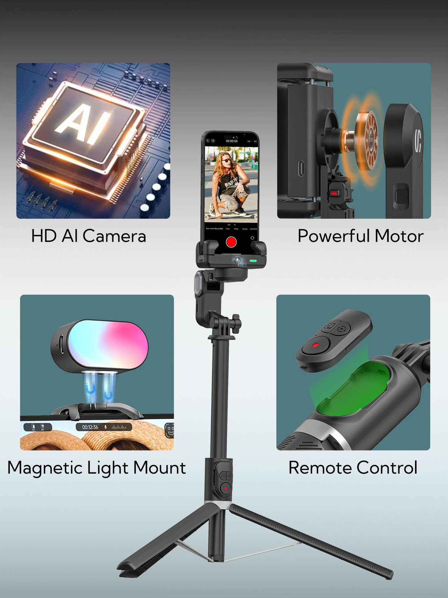 AOCHUAN Auto Face Tracking Tripod 360 Rotation for iPhone Android,Phone Stand Follow You for Video Recording,Selfie Stick Tripod with RGB Light,Remote Control for YouTube,TikTok Vlogging(M2Pro Black)
