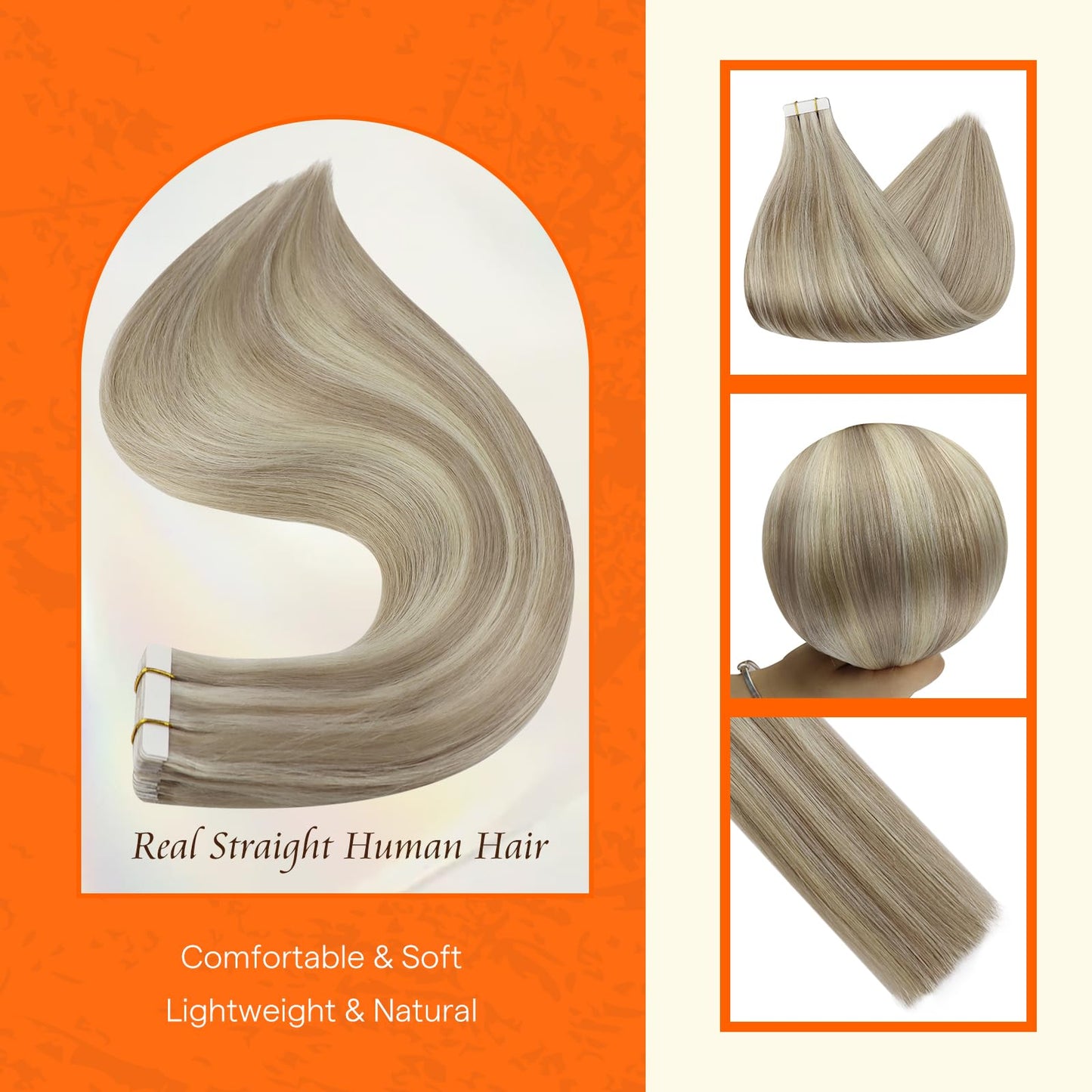 Full Shine Tape in Hair Extensions Human Hair 18 Inch Blonde Remy Human Hair Tape in Extensions Color 18/613 Ash Blonde Highlight with Platinum Blonde Invisible Hair Extensions Tape in 20Pcs 50Grams