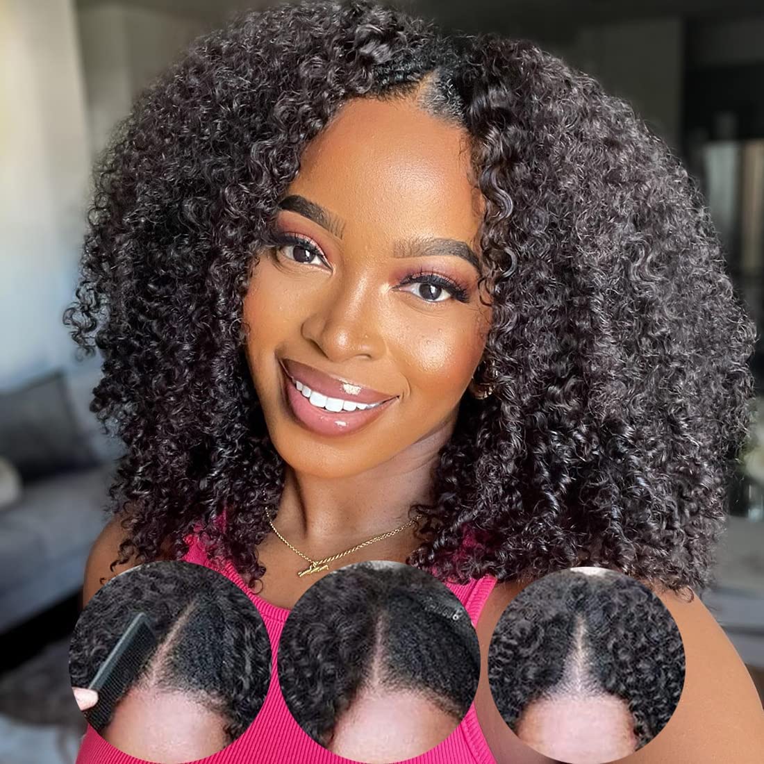 Nadula V Part Kinky Curly Wigs Human Hair No Leave Out Upgraded U Part Wigs for Women Affordable 4C Afro Curly Vpart Wigs Clip in Half Wig Beginner Friendly 150% Density Natural Color 20inch
