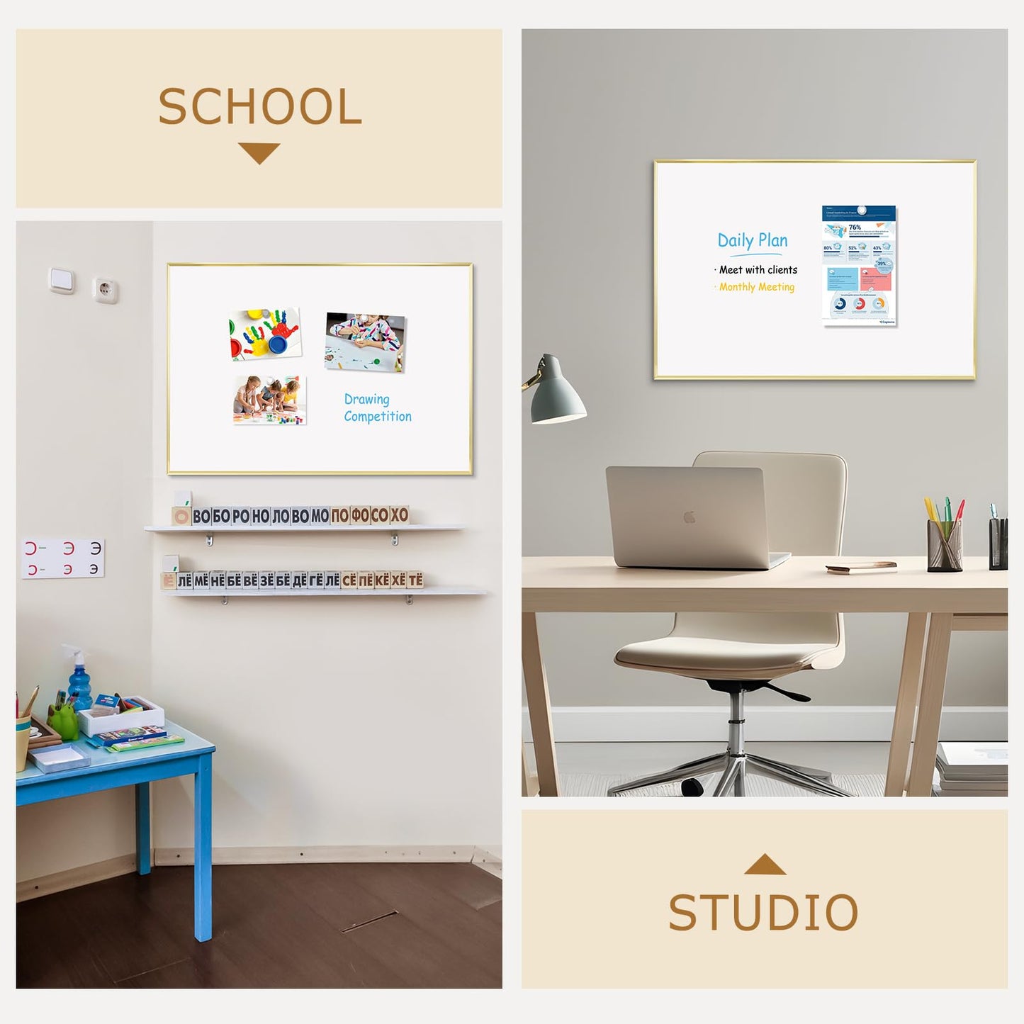 QUEENLINK Magnetic Whiteboard, 36"x24" Gold Aluminum Frame Dry Erase White Board for Wall, Large Wipe Board with 6 Magnets, 4 Markers & 1 Eraser for Home and Office