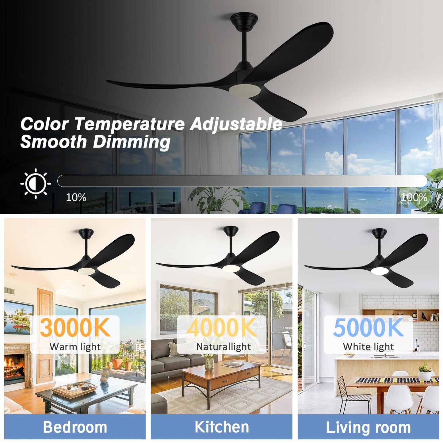60 Inch Damp Rated Outdoor Ceiling Fan with Light, for Patio and Covered Porch - Quiet Energy Efficient DC Motor, 3 Black Wood Blades Rustic Farmhouse Style, Dimmable for Indoor Living Room, Bedroom