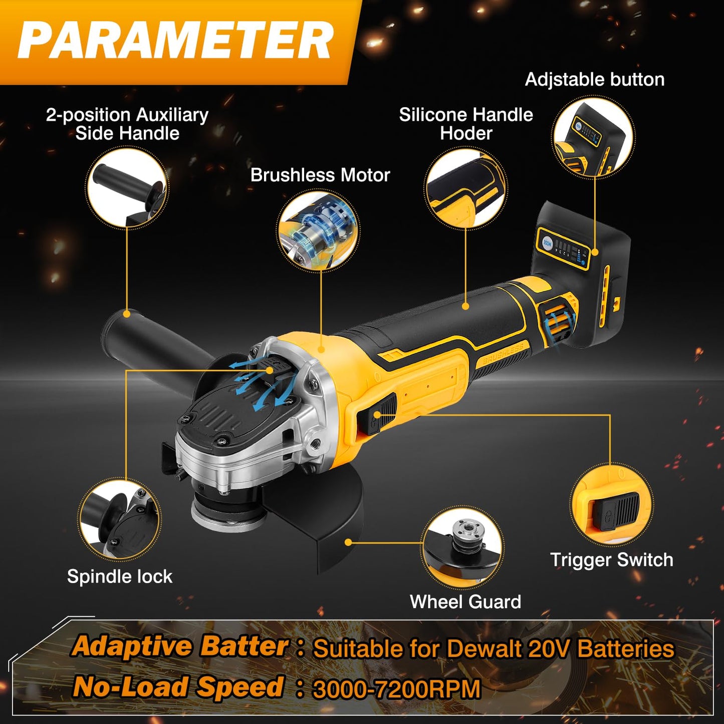 Angle Grinder Compatible with Dewalt 20V MAX Battery (Battery Not Included), Cordless Angle Grinder, 4-1/2" Blade, 4 Variable Speeds up to 7200 RPM, for Cutting, Grinding & Polishing
