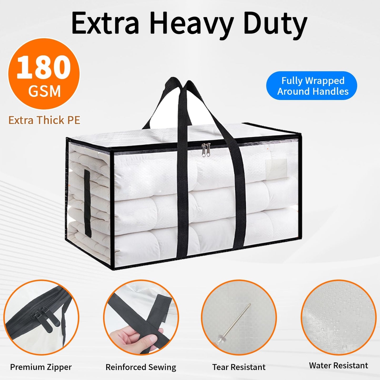 8 Pack-Extra Large Heavy Duty Moving Bags - Waterproof Storage Totes with Handles & Zippers, Foldable for College Dorm, Storage (Clear)
