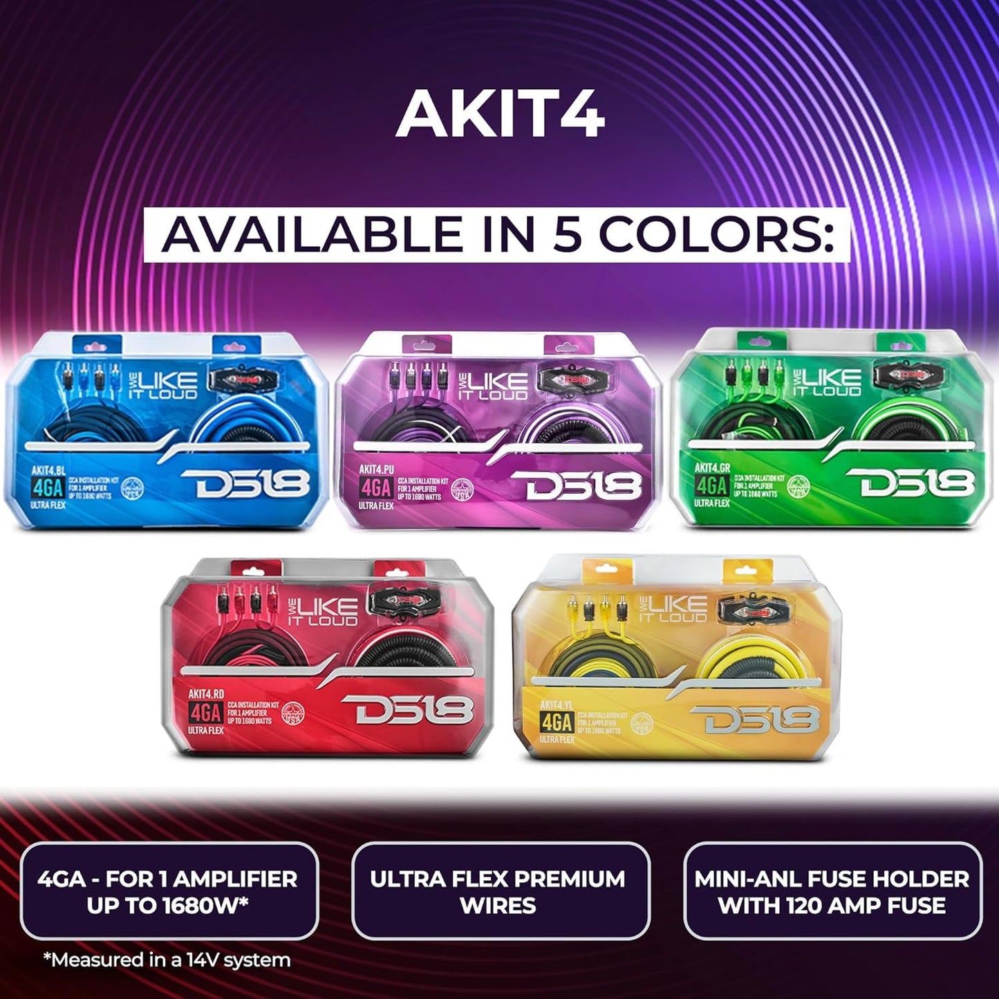 DS18 AKIT4.RD 4-GA Amplifier Installation Kit Up to 1680 Watts RMS, Mini-ANL Fuse Holder, Speaker & RCA Cables, CCA Amplifier Wiring Kit, Ultra Flex Wire, Amp Wire Kit, Amp Wiring Kit 4 Gauge - Red