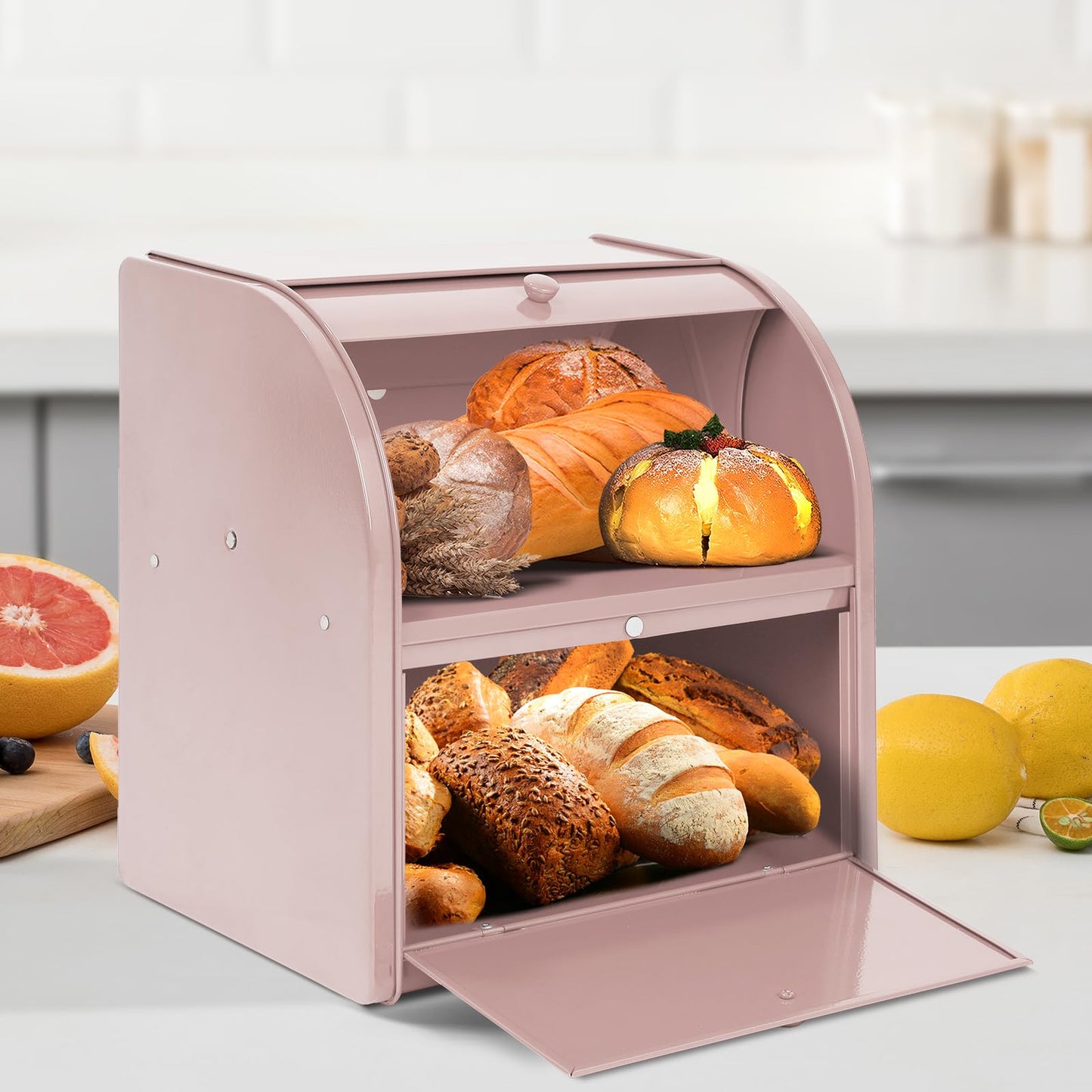 Olebes Bread Box, Metal Bread Box For Kitchen Countertop, Bread Storage Container Holds 2 Loaves Of Bread, High Capacity Breadbox, Bread Holder Suit Farmhouse Kitchen Decor For Counter (Pink)