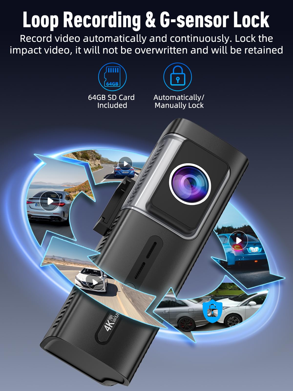 3 Channel WiFi Dash Cam, 4K+1080P+1080P Dash Cam Front and Rear Inside with 64GB Card, 3.16” IPS Screen, G-Sensor, Loop Recording, Parking Monitor, 170° Wide Angle, IR Night Vision, WDR, Silver
