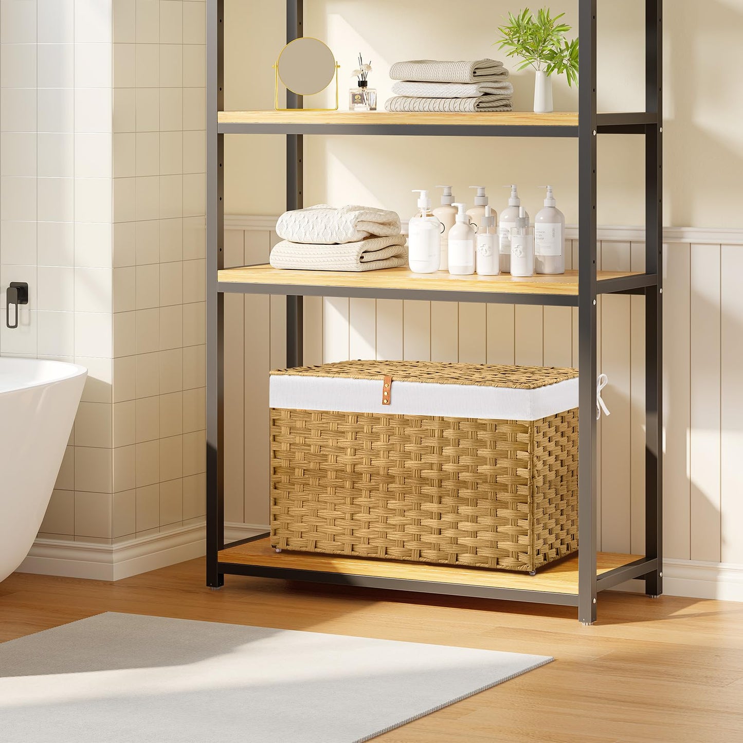 GREENSTELL Storage Basket with Lid, 42.3 Gallon(160L) Lagre Wicker Blanket Storage Basket with Handles, Foldable, 2 Removable Liner Bags, Metal Frame, for Bedroom, Laundry Room, Brown,30"*18.1"*18.1"