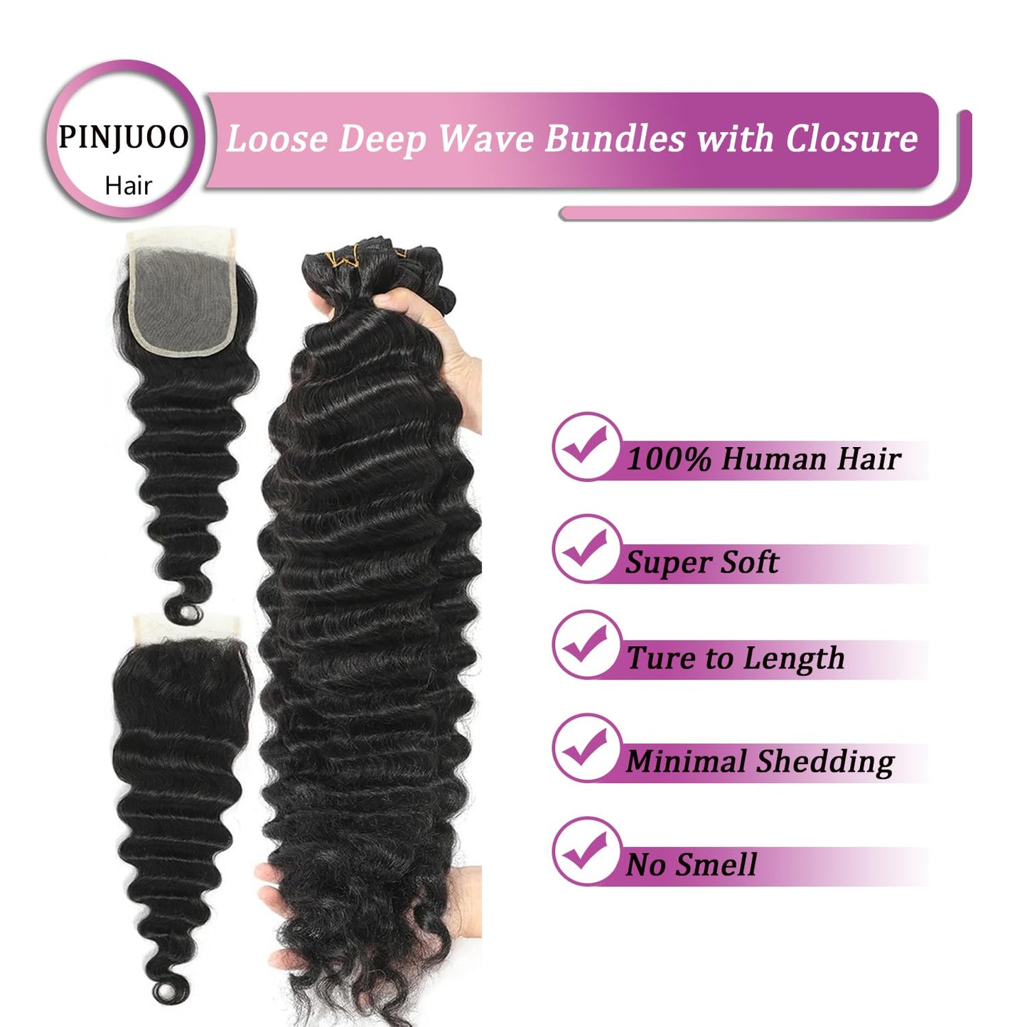 Brazilian Loose Deep Wave Bundles with Closure 3 Bundles and Closure Human Hair 10 12 14+10 Inch 100% Unprocessed Raw Wet and Wavy Weave Hair Bundles with 4X4 Closure Natural Black Color for Women