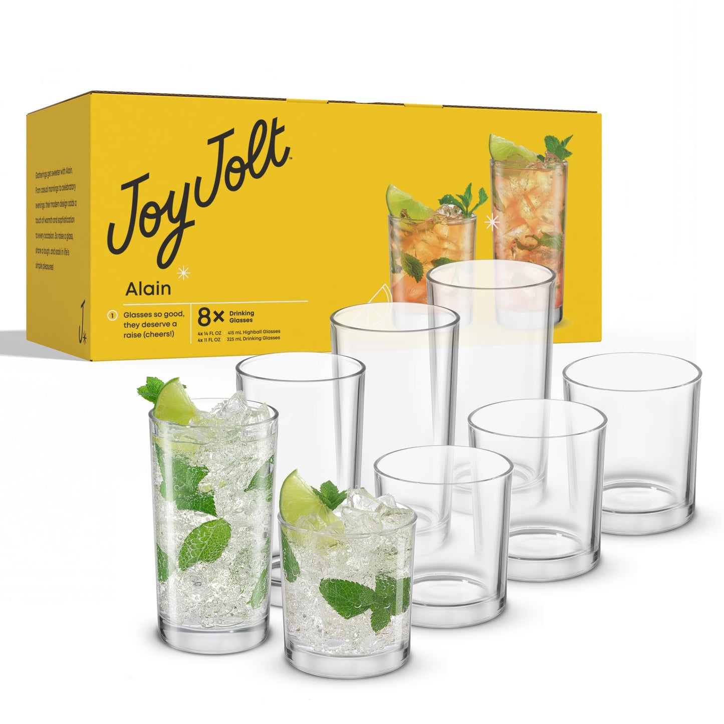 JoyJolt Alain Drinking Glasses Set of 8 Glass Tumblers. Highball 14oz Bar Glasses and Lowball 10oz Rocks Glasses Set. Cocktail, Juice, Whiskey Glasses or Water Glasses. Kitchen or Bar Glassware Set