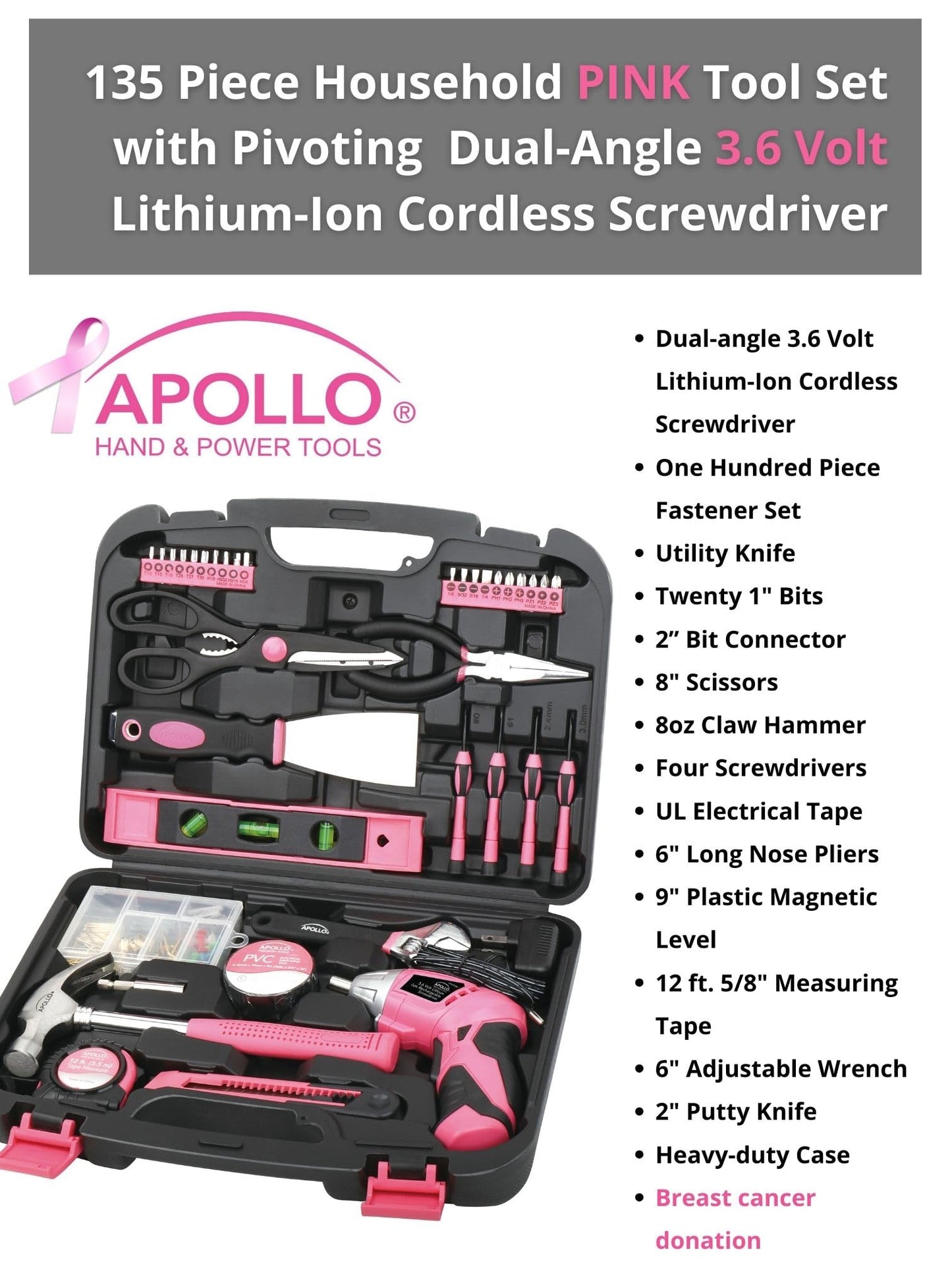 Apollo Tools 135 Piece Household Pink Hand Tools Set with Pivoting Dual-Angle 3.6 V Lithium-Ion Cordless Screwdriver - DT0773N1