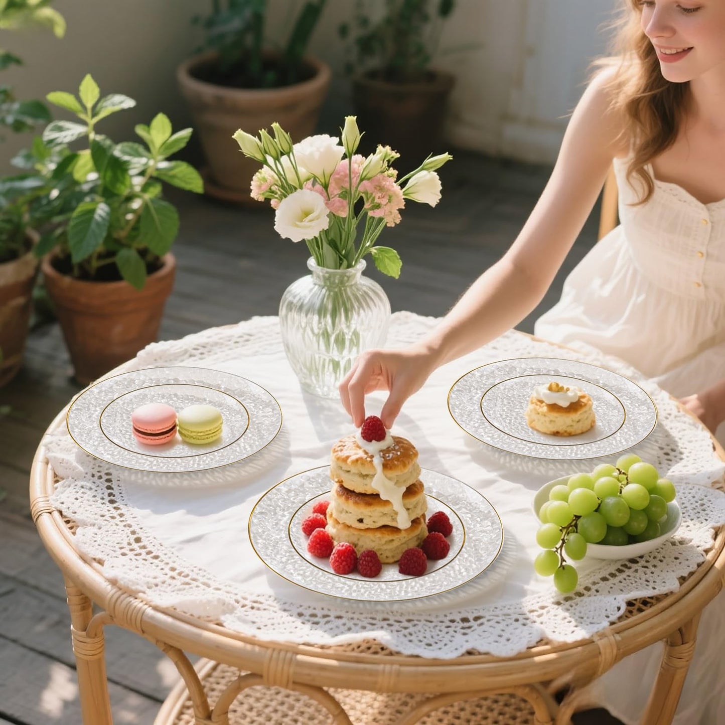 SUT 100Pcs Clear Plastic Plates, Hammered Plates Disposable Heavy Duty, Clear Disposable Plates With Gold Rim, Fancy Plastic plates Include 50 Dinner plate and 50 Dessert plate for Wedding