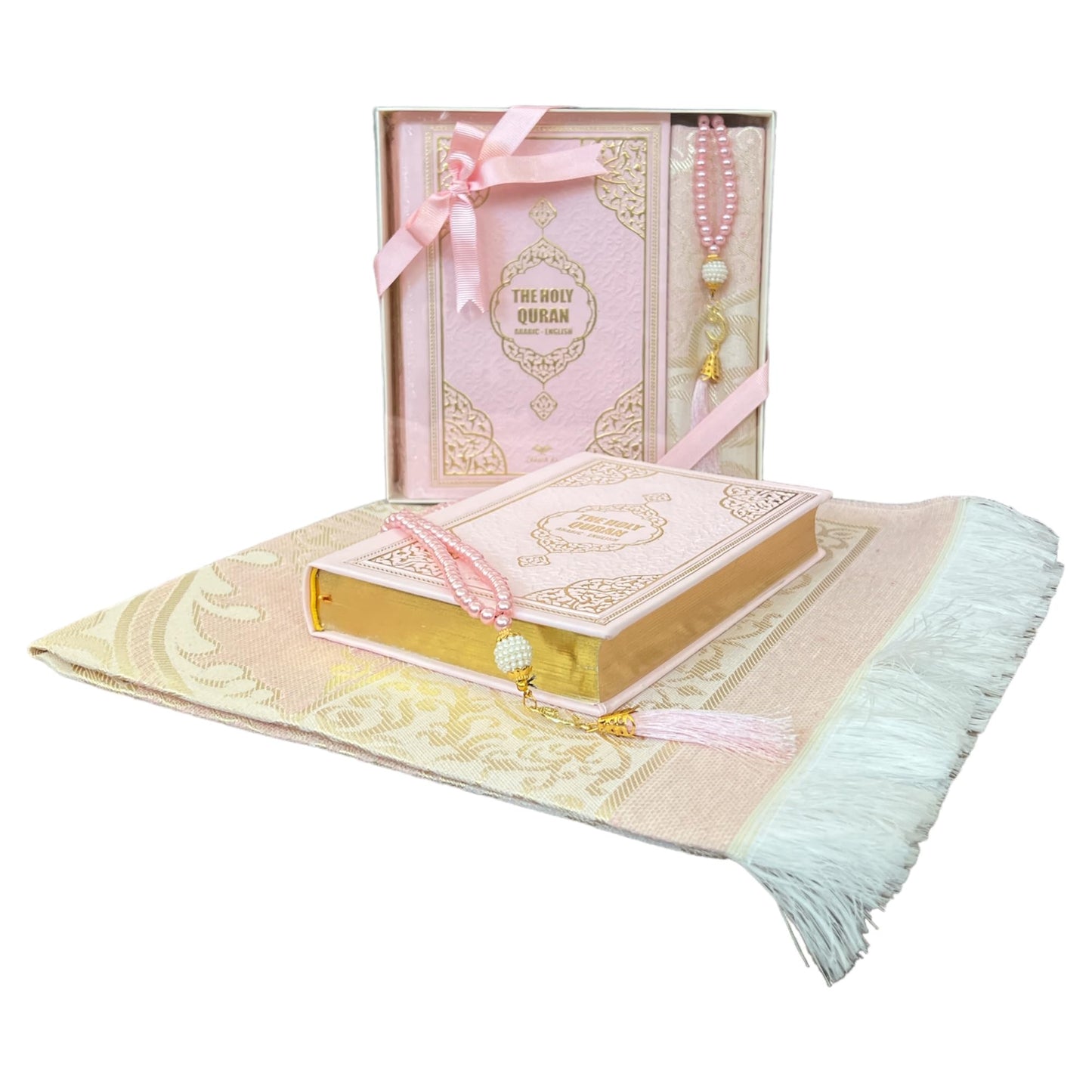 English Translate Thermo Leather Covered Quran, Tafta Prayer Mat and Beads Set |Quran Size:8x5.5x1.2 İnch/20x14x3cm | Muslim Prayer Mat | Great Ramadan Gifts for Muslim Men,Women (Pink, 1 Sets)