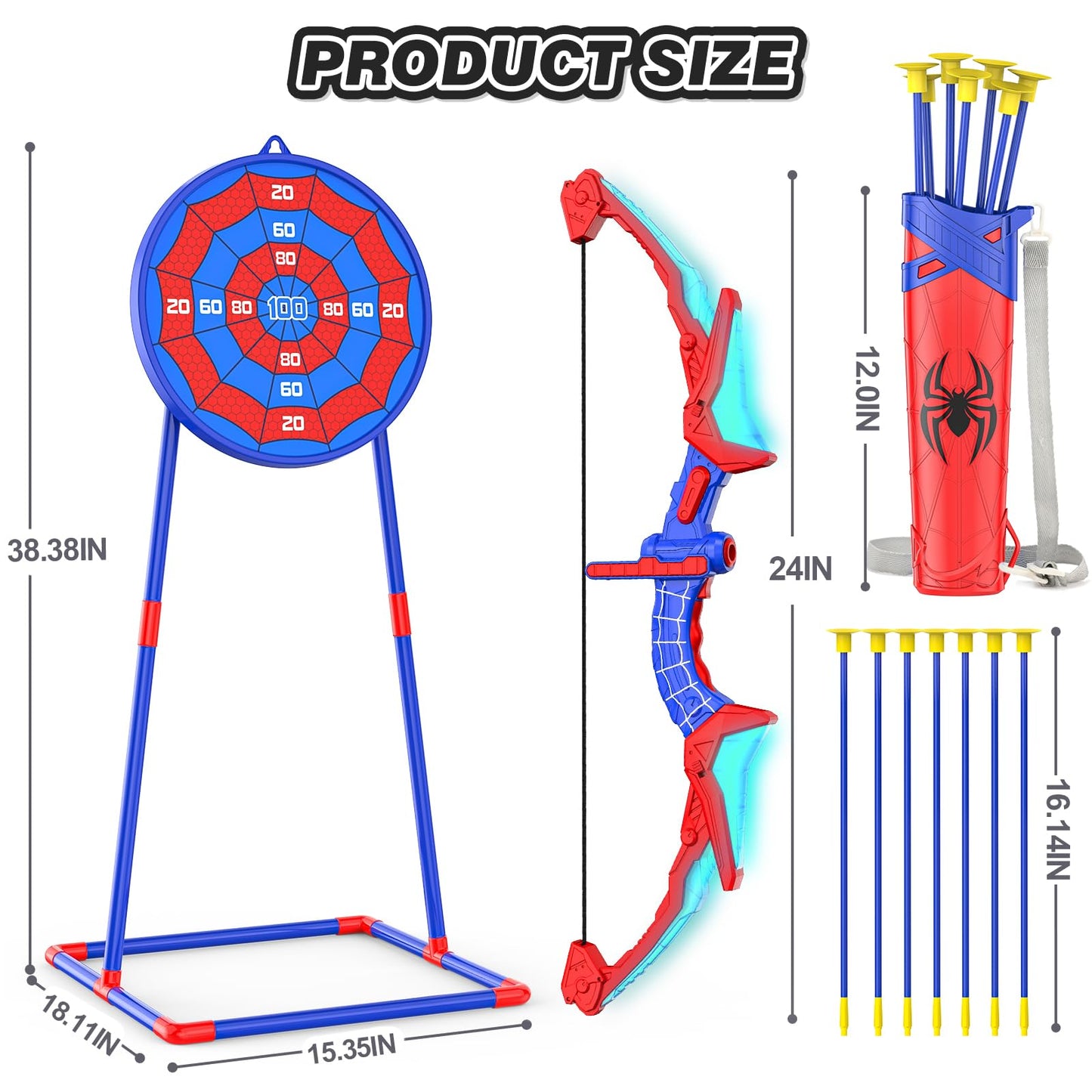 Bow and Arrow Set for Kids, LED Light Up Shooting Game with 7 Suction Cup Arrows, Quiver and Standing Net Lens Indoor Outdoor Birthday Gifts for Boys Age 4 5 6 7 8 9