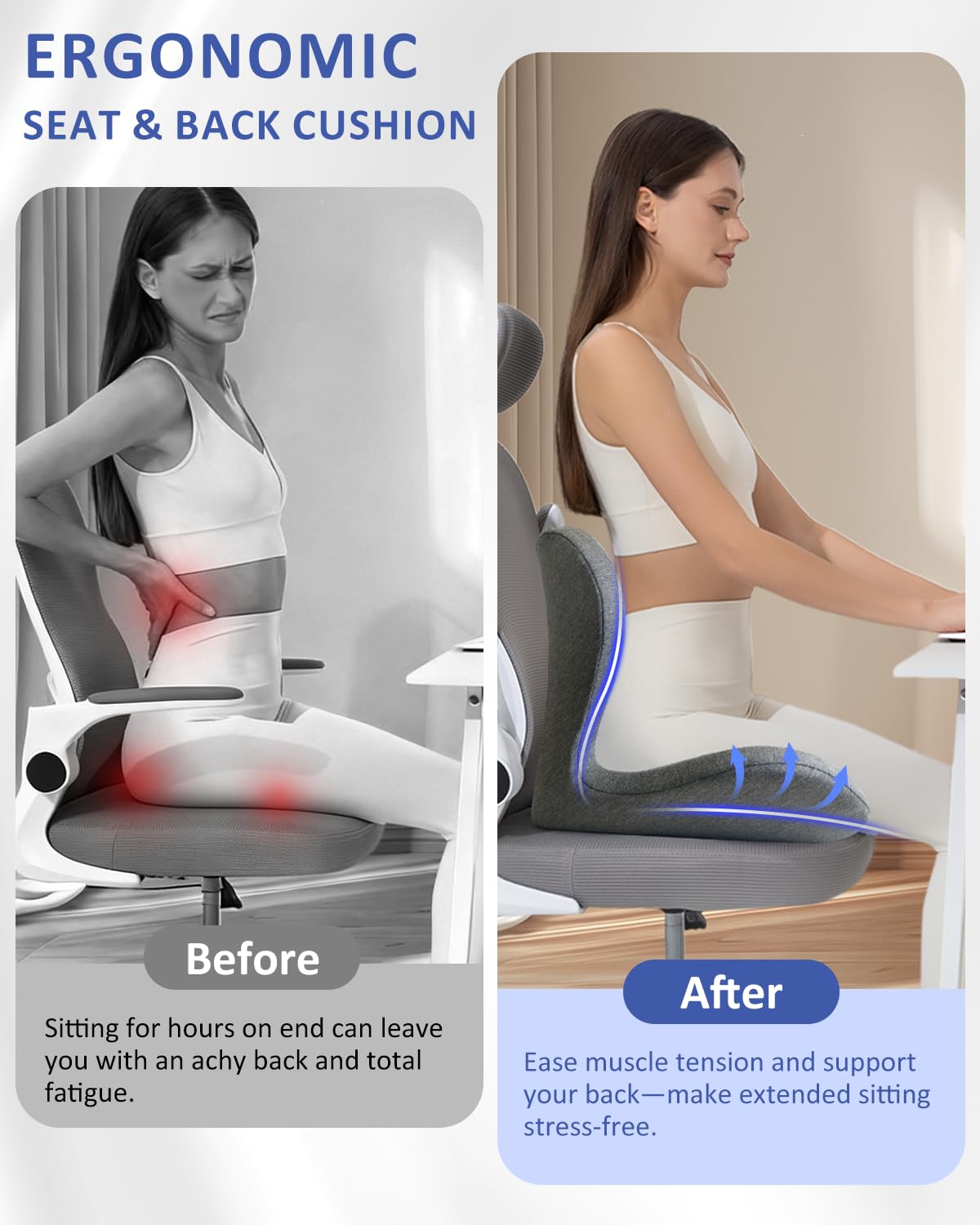 JIPORIER Seat Cushion with Back Support,Lumbar Support Pillow for Office Chair,X Large Memory Foam Chair Cushions for Sciatica Tailbone Pain Relief Coccyx Pad for Wheelchair, Car, Home, Office, Desk