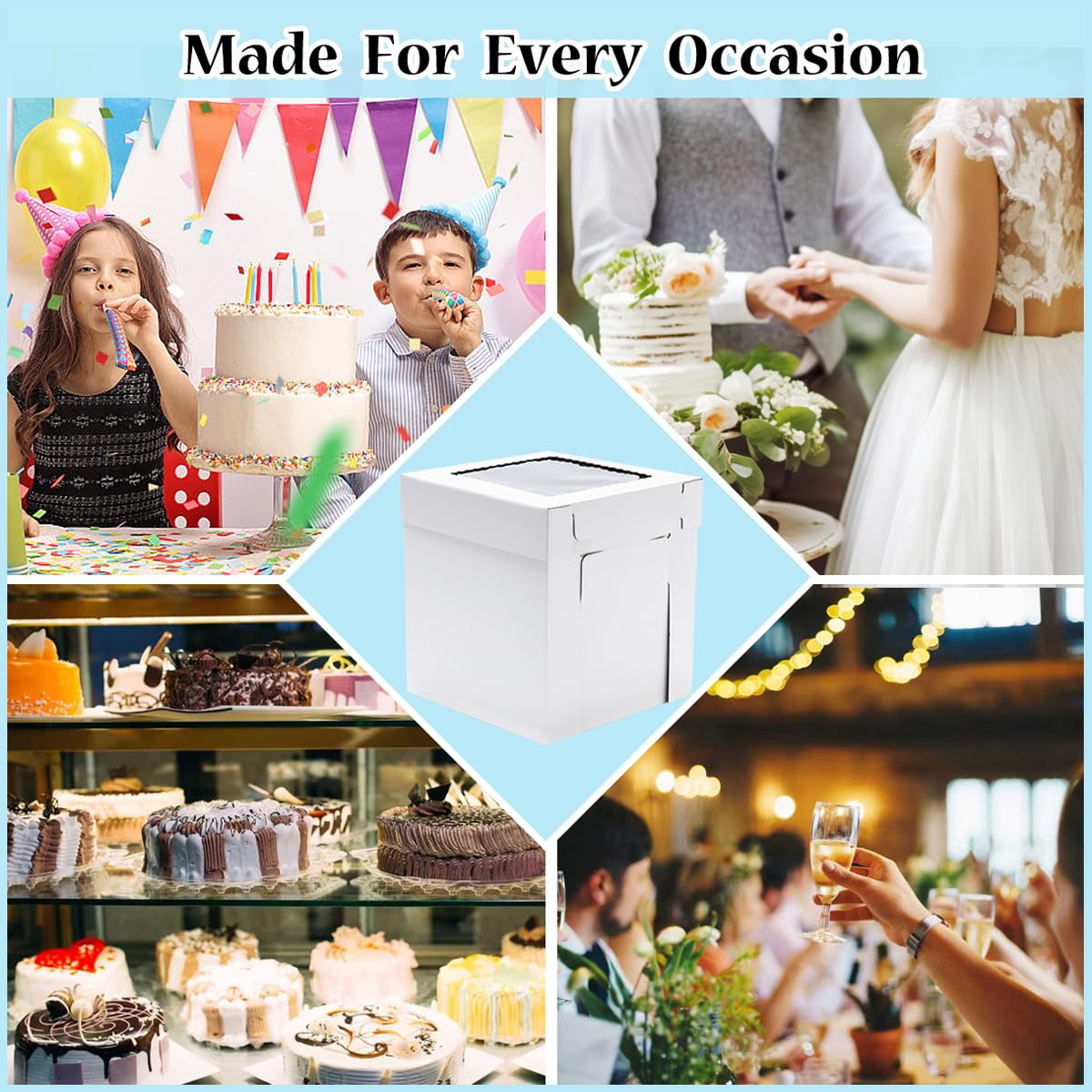 Nentootor 14x14x14 Inches 3 Pack,Tall Cake Boxes for Tier Cakes,Wedding Cake Boxes with Window,Layer Cake Carrier,Disposable Cake Containers