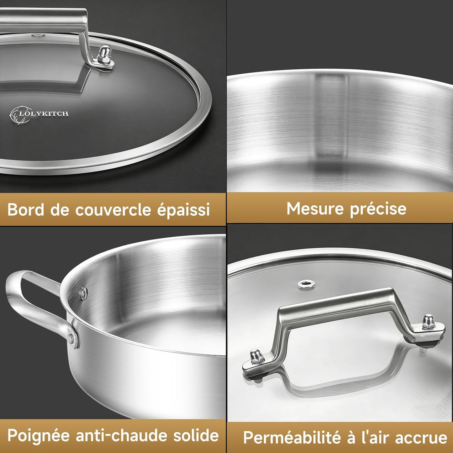 LOLYKITCH 8 Quart Stainless Steel Sauté Pan with Lid, Extra Large Deep Skillet, 13 Inch Triply Braiser Pot with Double Handles, Induction Jumbo Cooker for Family Meals, Oven Safe, 6-12 Servings