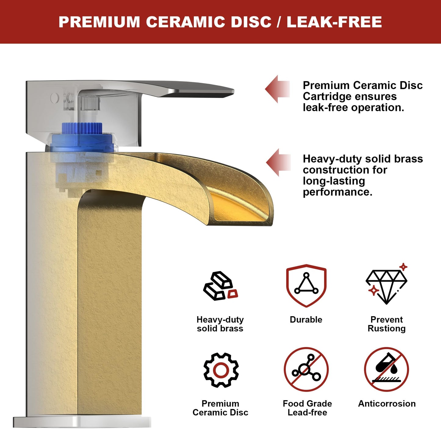Lavatrum Brushed Nickel Bathroom Faucet Waterfall, Vanity Faucet Brass for Sink 1 Hole Single Handle Modern Mixer Tap with Pop-up Drain Stopper for Lavatory Farmhouse RV