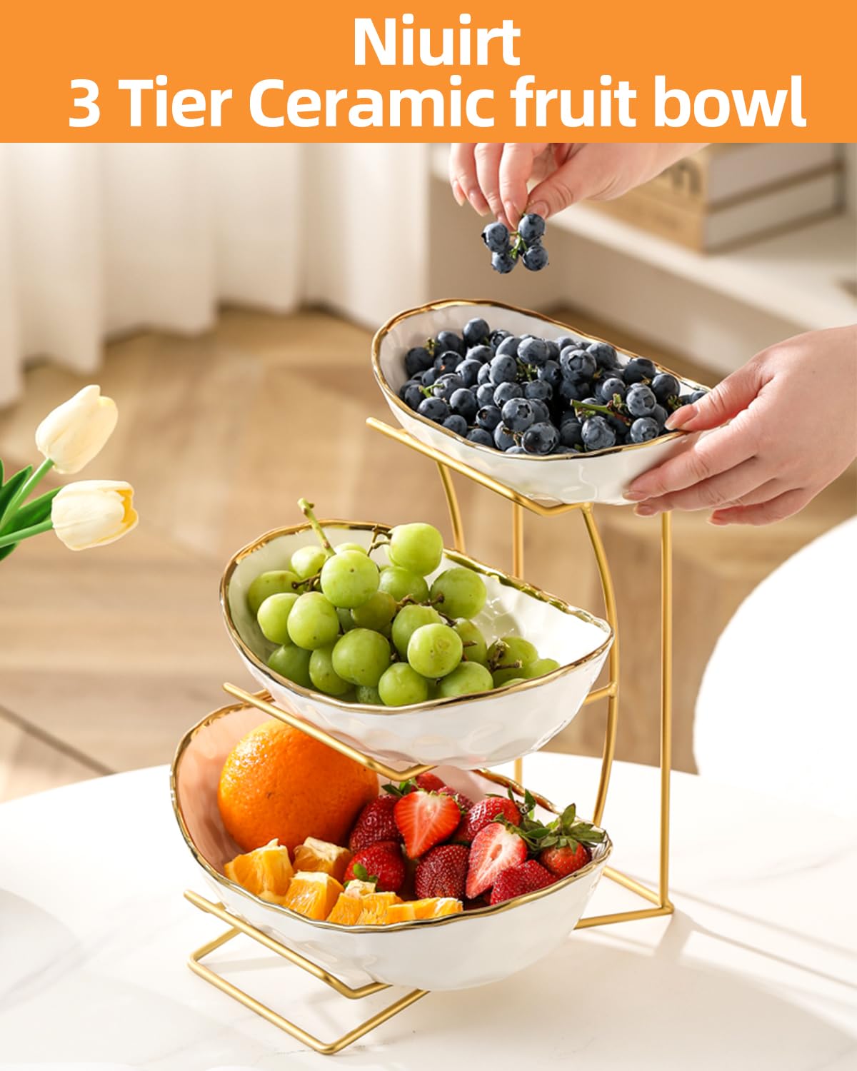 Niuirt Fruit Bowl for Kitchen Counter, 3-Tier Fruit Basket, Ceramic Fruit Bowl with Metal Stand for Fruit, Vegetable Storage, Snack, Nuts, Dessert, Cake, Stylish & Cute