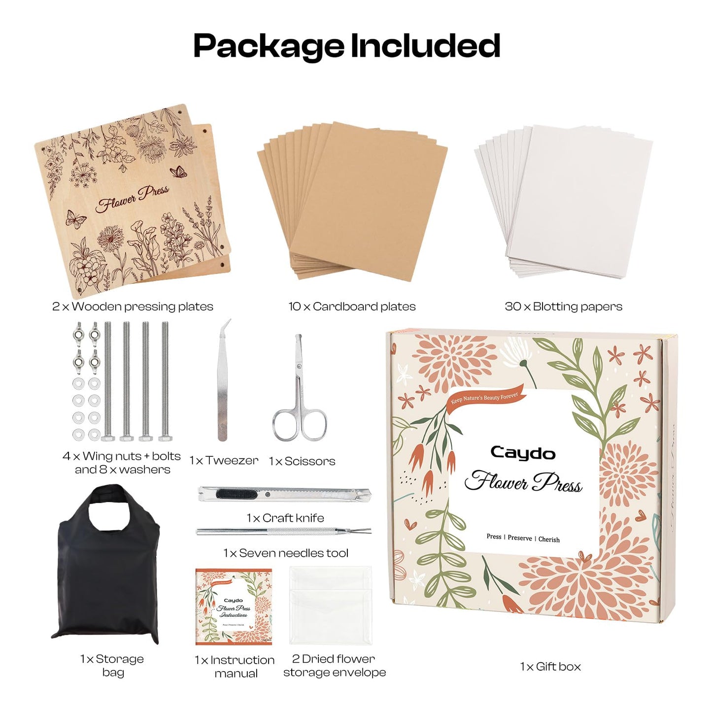 Caydo Wooden Flower Press Kit 11"x11" 10 Layers for Adults, DIY Bookmark Pressed Flower Frame – Preserves Wedding Funeral Bouquet & Plants, Leaves, Herbs for Handmade Crafts, Gift for Craft Lovers