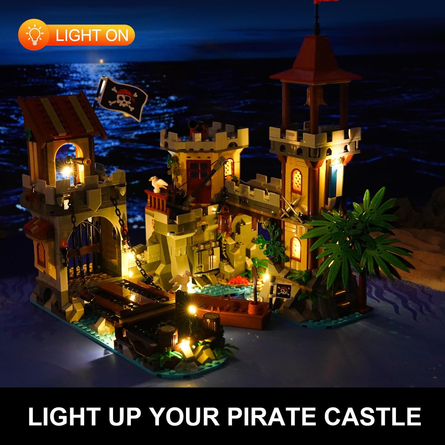 INSOON Pirate Castle Building Set with Light, 3 Modes Big Pirates Ship Bay Building Block 1502 PCS, Medieval Pirate Wharf House Construction Model Toy Home Decor for Adults Teens Boys Girls 10+