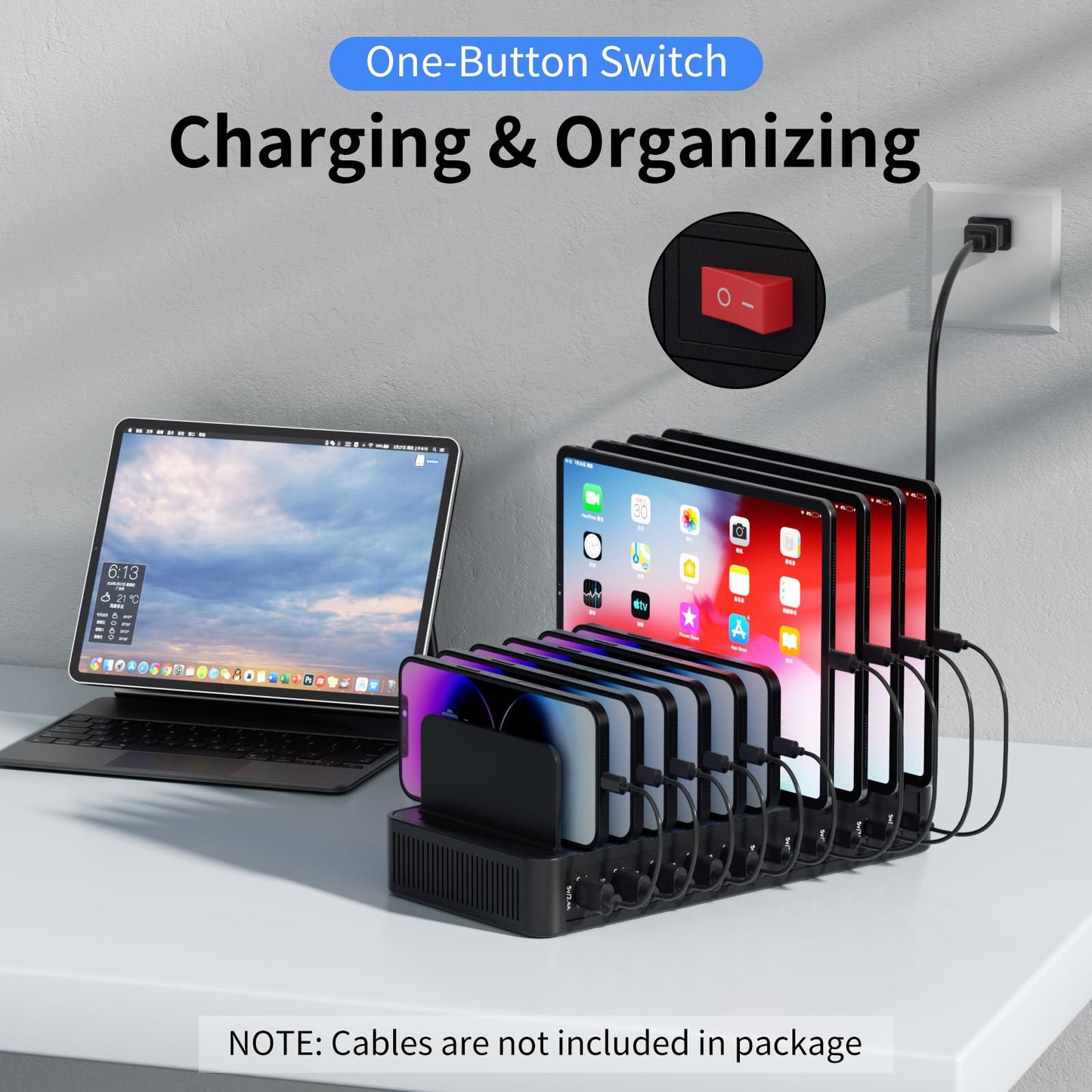 60W Charging Station for Multiple Devices, 10-Port USB Fast Charging Station with Adjustable Dividers - Device Organizer Charging Dock for iPhone, Android, iPad, Tablets & More