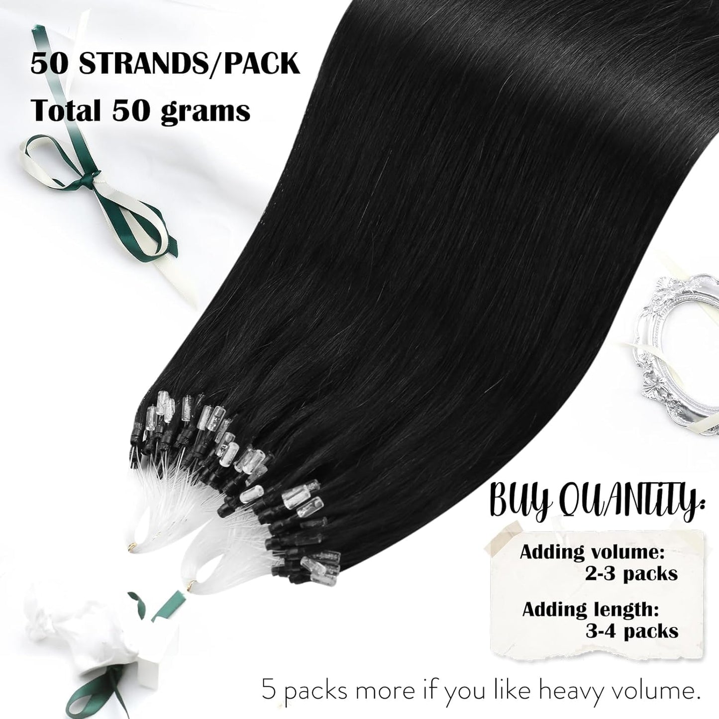Moresoo Microlink Hair Extensions Human Hair Jet Black Micro Bead Hair Extensions Real Human Hair Black Micro Link Hair Extensions Micro Loop Hair Extensions Real Human Hair Black #1 50G/50S 24Inch