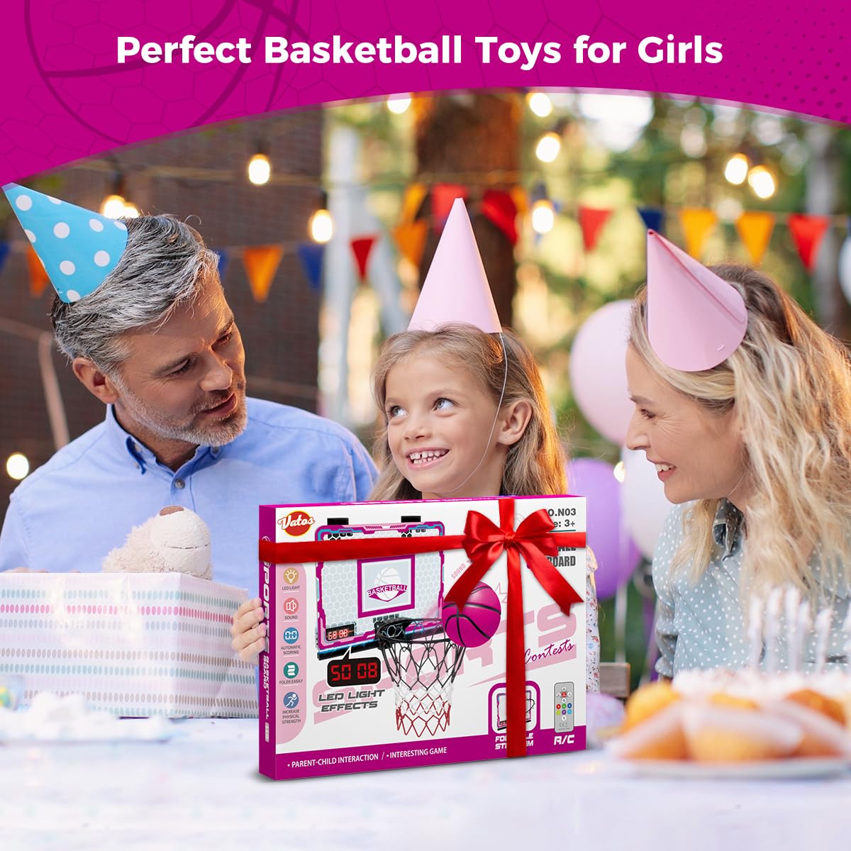 VATOS Basketball Hoop for Girls Indoor, Pink Remote Control Basketball Hoop with Electronic Scoreboard, Mini LED Basketball Hoop Basketball Set Toys Birthday Gifts for 3 4 5 6 7 Years Old Kids Girls