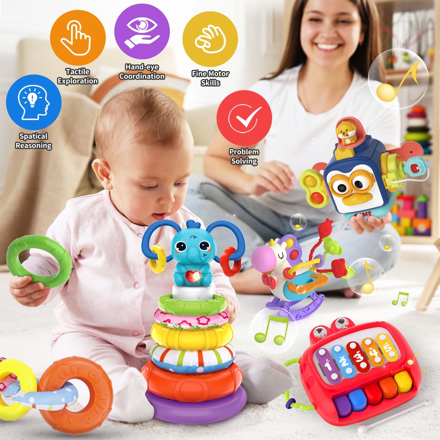 usrela 4 in 1 Baby Toys for 6 12 18 Month, Learning Toys for Babies 6-12 Months, Busy Cube, Stacking Sorter, Piano Xylophone Pull String Travel Toy, Birthday Gifts for Toddlers 1 2 Years Old