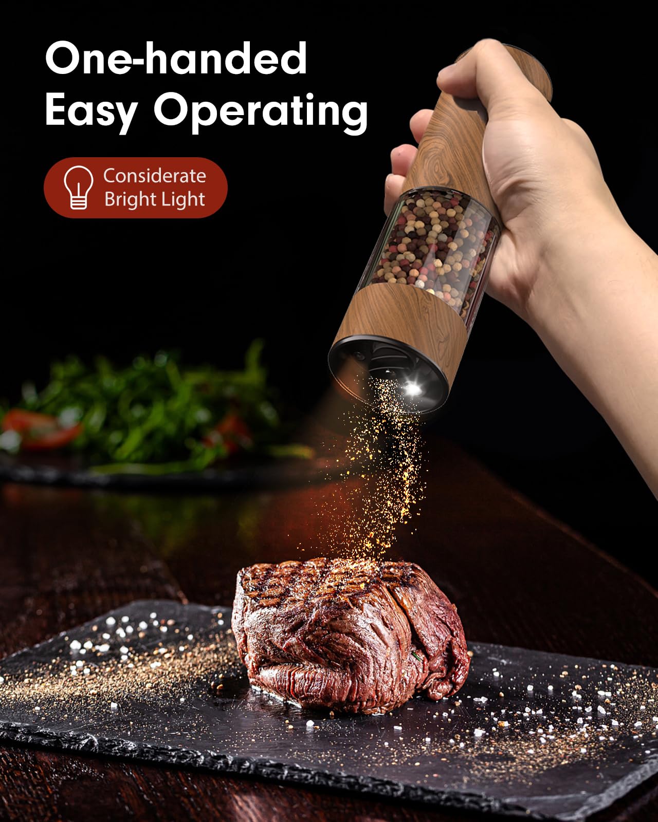 TOMEEM Upgraded Larger Capacity Electric Salt and Pepper Grinder Set Rechargeable with LED lights, Stainless Steel Automatic Pepper and Salt Grinder Refillable with 5 Adjustable Coarseness Wood Grain