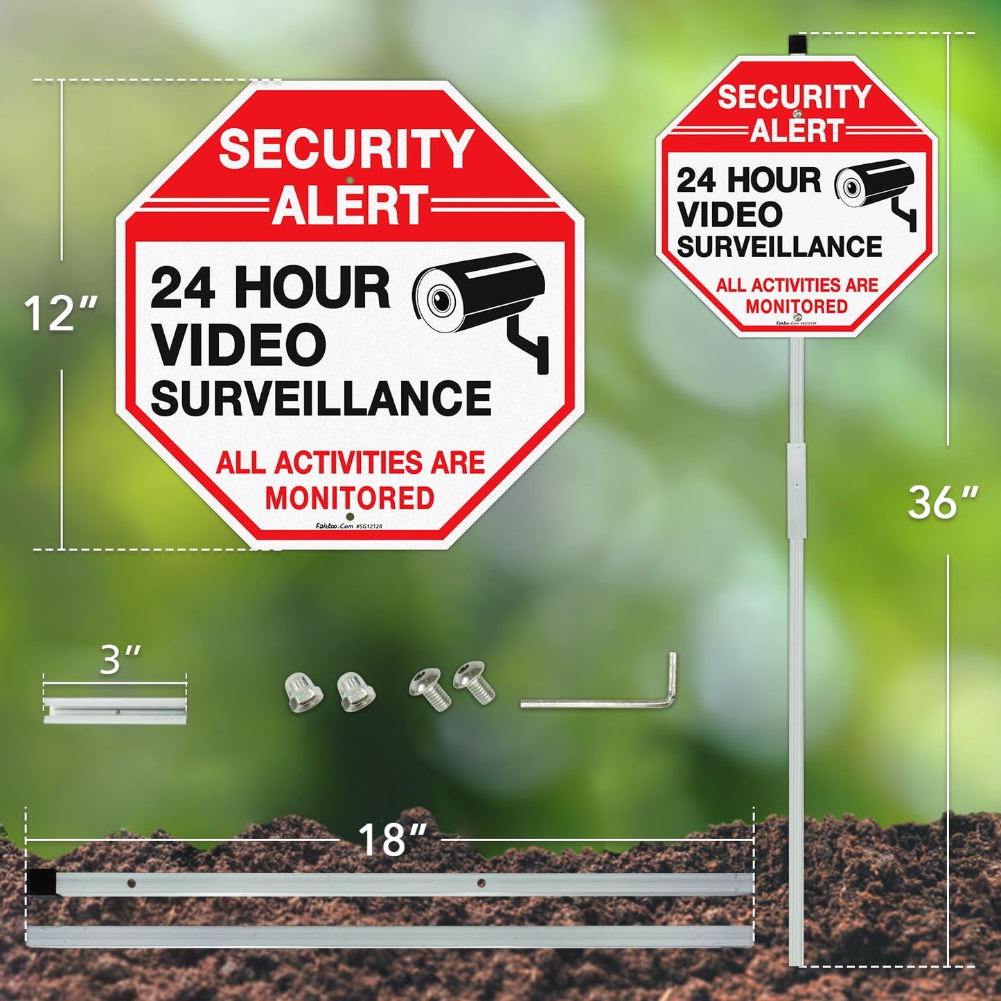 Faittoo Security Sign Video Surveillance Sign with 36" Stake for Outside, 4-Pack 12"x12" Rust Free Heavy Aluminum, Reflective, Fade Resistant, 2 pre-drilled holes, Includes Matching Screws & Wrench,