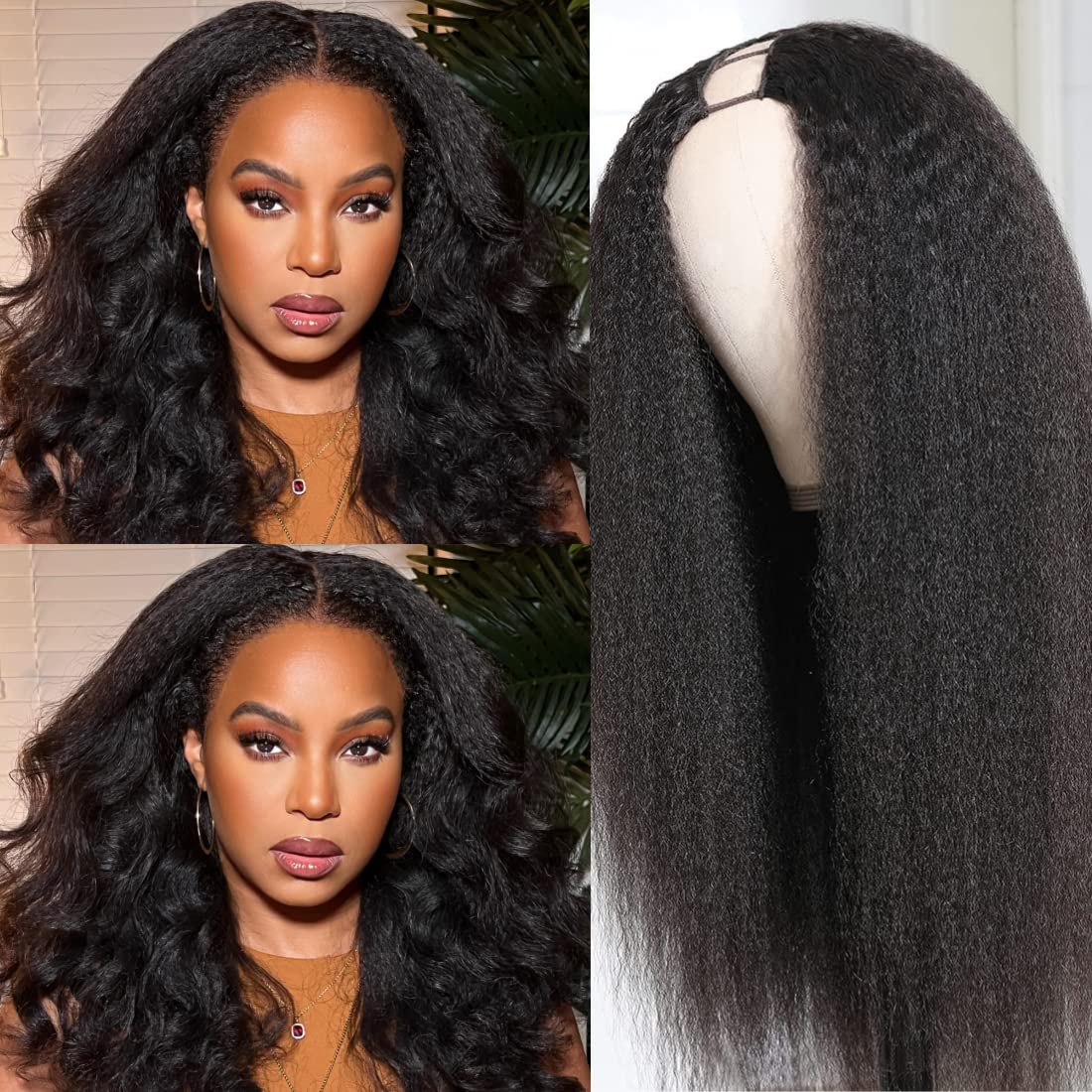 Nadula V Part Kinky Straight Wig Human Hair Glueless No Leave Out Upgraded U Part Wigs for Women,Yaki Straight V-part Wigs V Shape Clip in Half Wig No Glue Wear and Go 150% Density 20inch