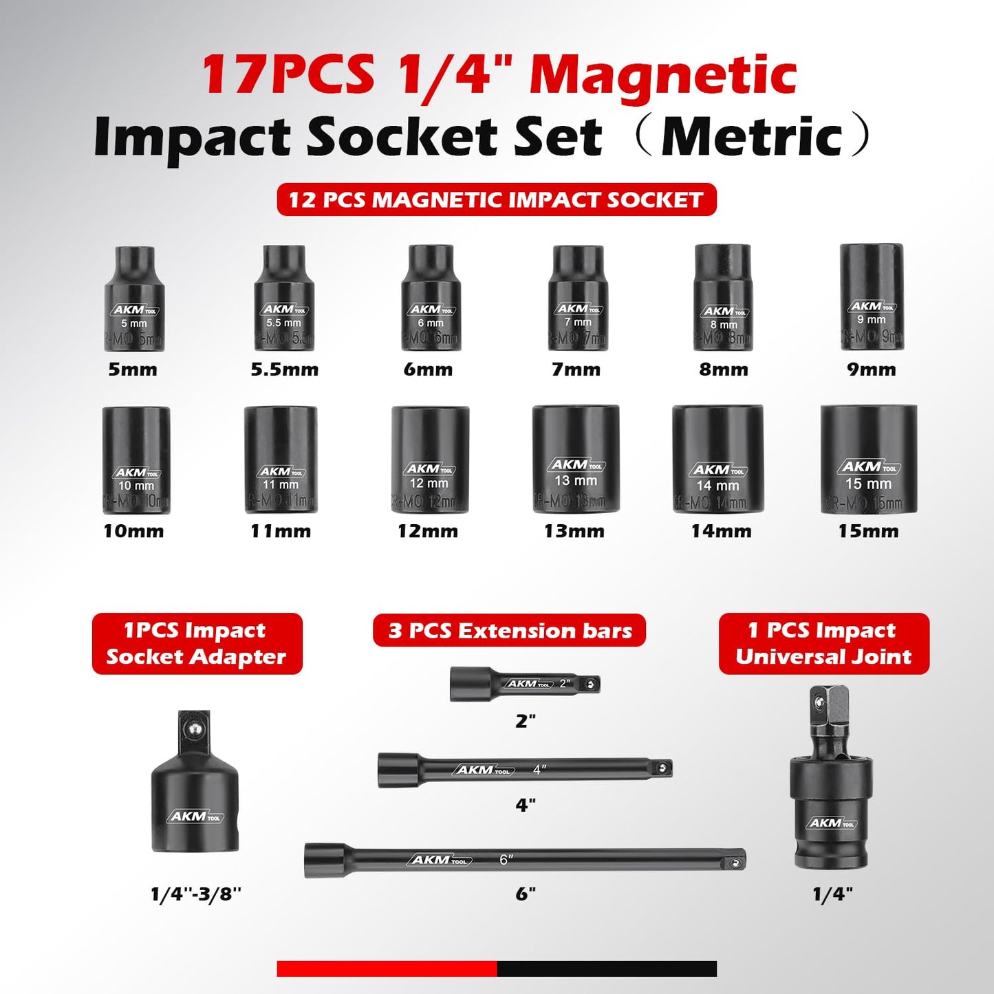 AKM TOOL 1/4 Inch Drive Magnetic Impact Socket Set, 17-Piece Metric, 5mm-15mm, 6 Point, Cr-Mo, Square Drive, Magnetic Socket with Impact Socket Adapter, Universal Joint & Extension