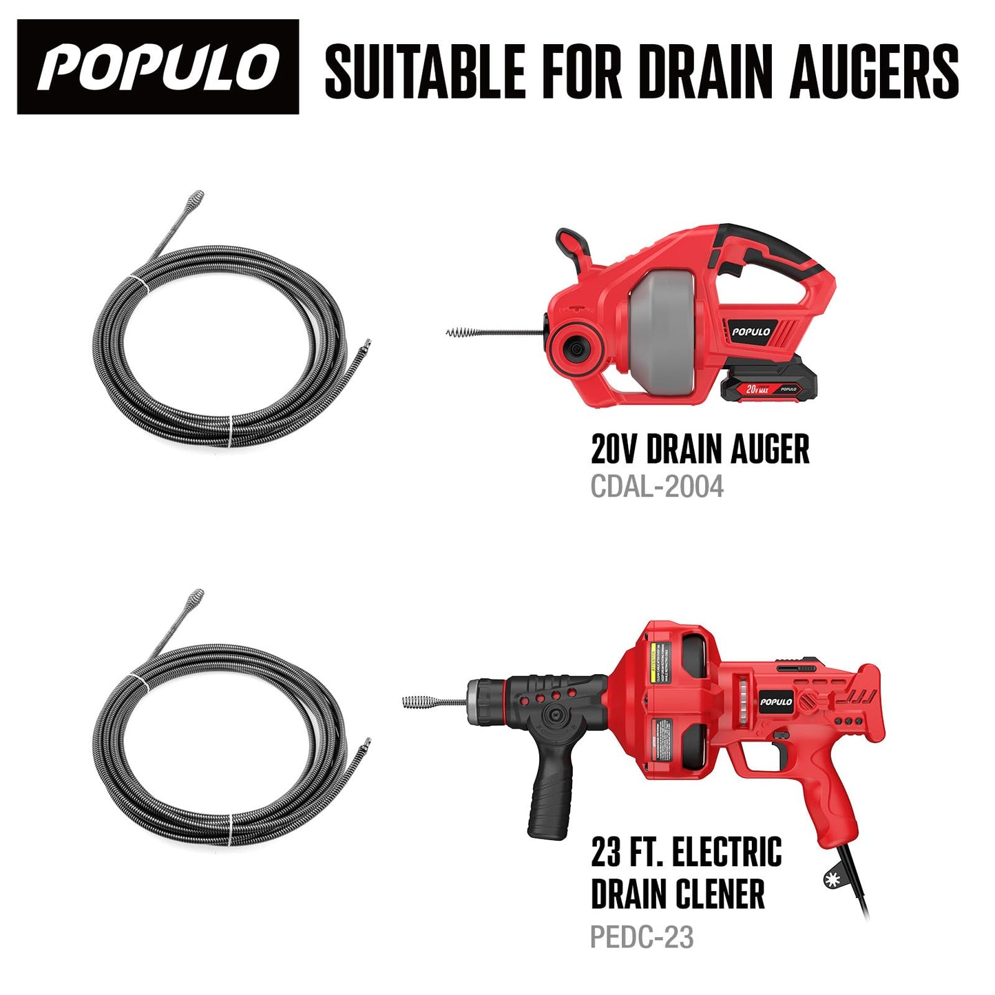 POPULO 25FT Replaceable Cable, Compatible with POPULO Electric Drain Auger(CADL-2004, PEDC-23), Supports Manual Operation.