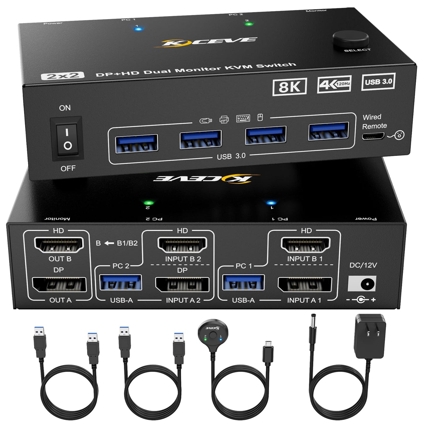 8K KVM Switch 2 Monitors 2 Computers Displayport HDMI, Dual Monitor USB 3.0 DP KVM Switcher Supports 8K@60Hz for 2 Computers Share Keyboard, Mouse and Monitor